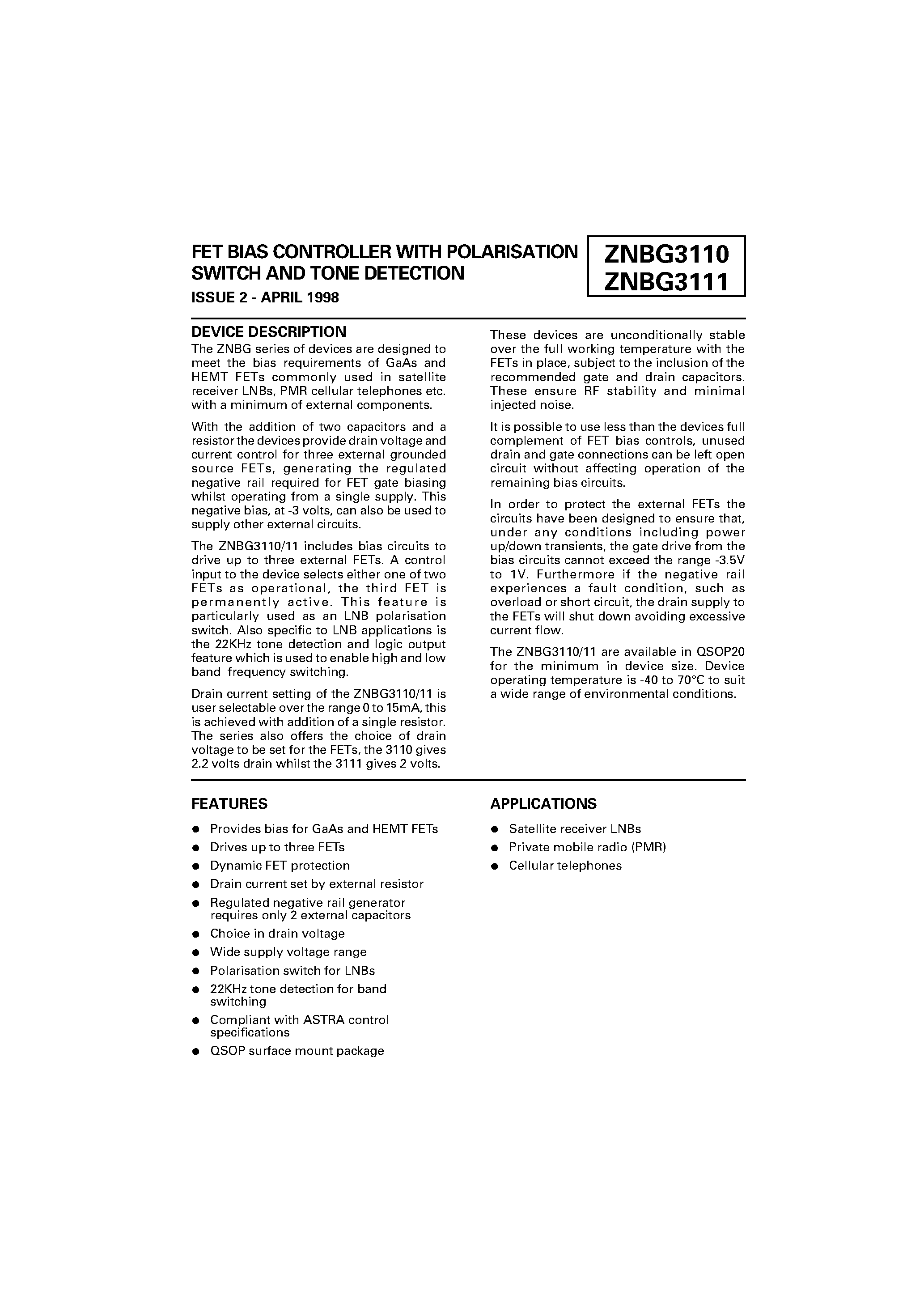 Datasheet ZNBG3110Q20 page 1 Datasheet ZNBG3110Q20 - FET BIAS CONTROLLER WITH POLARISATION SWITCH AND TONE DETECTION page 1
