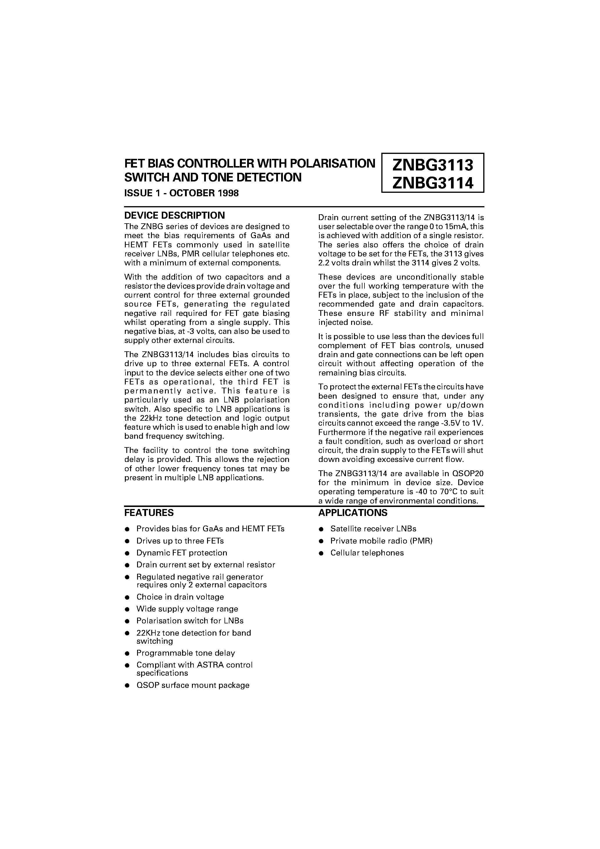 Datasheet ZNBG3113 - FET BIAS CONTROLLER WITH POLARISATION SWITCH AND TONE DETECTION page 1