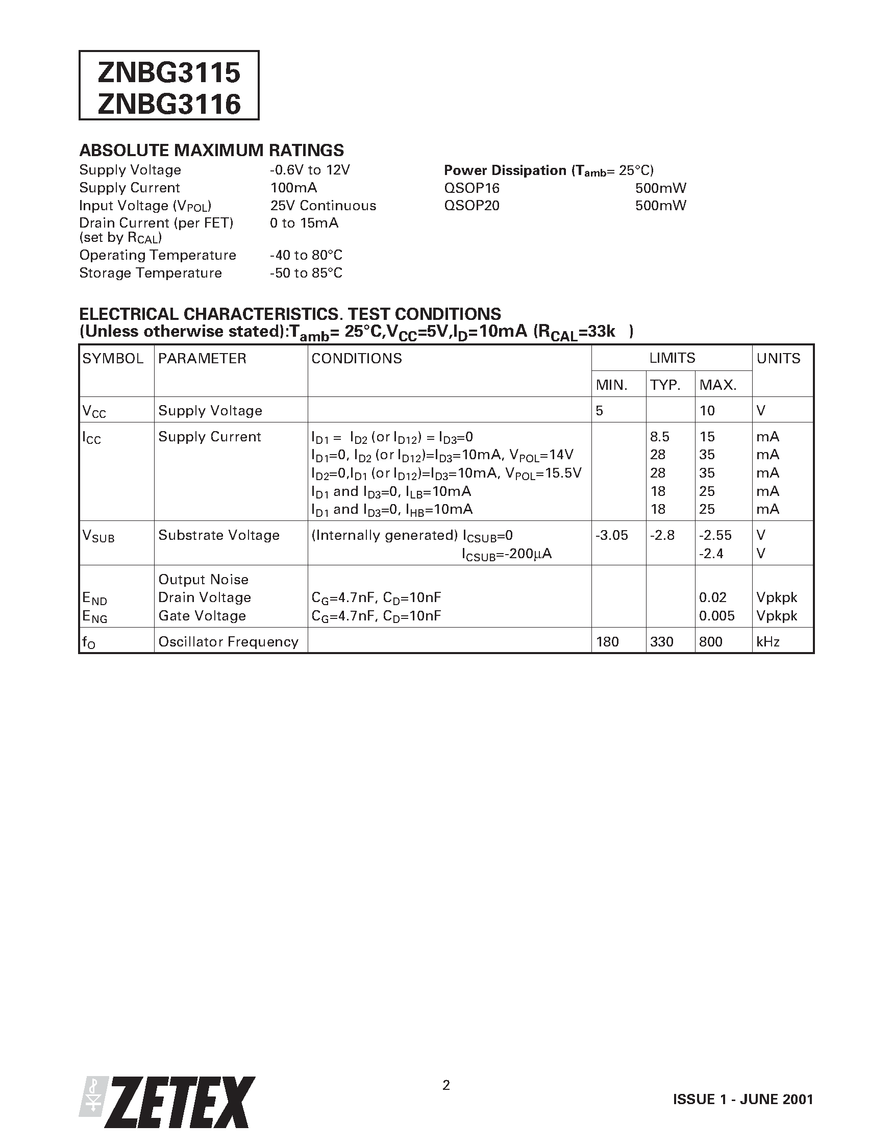 Datasheet ZNBG3116Q16 page 2 Datasheet ZNBG3116Q16 - FET BIAS CONTROLLER WITH POLARISATION SWITCH AND TONE DETECTION page 2