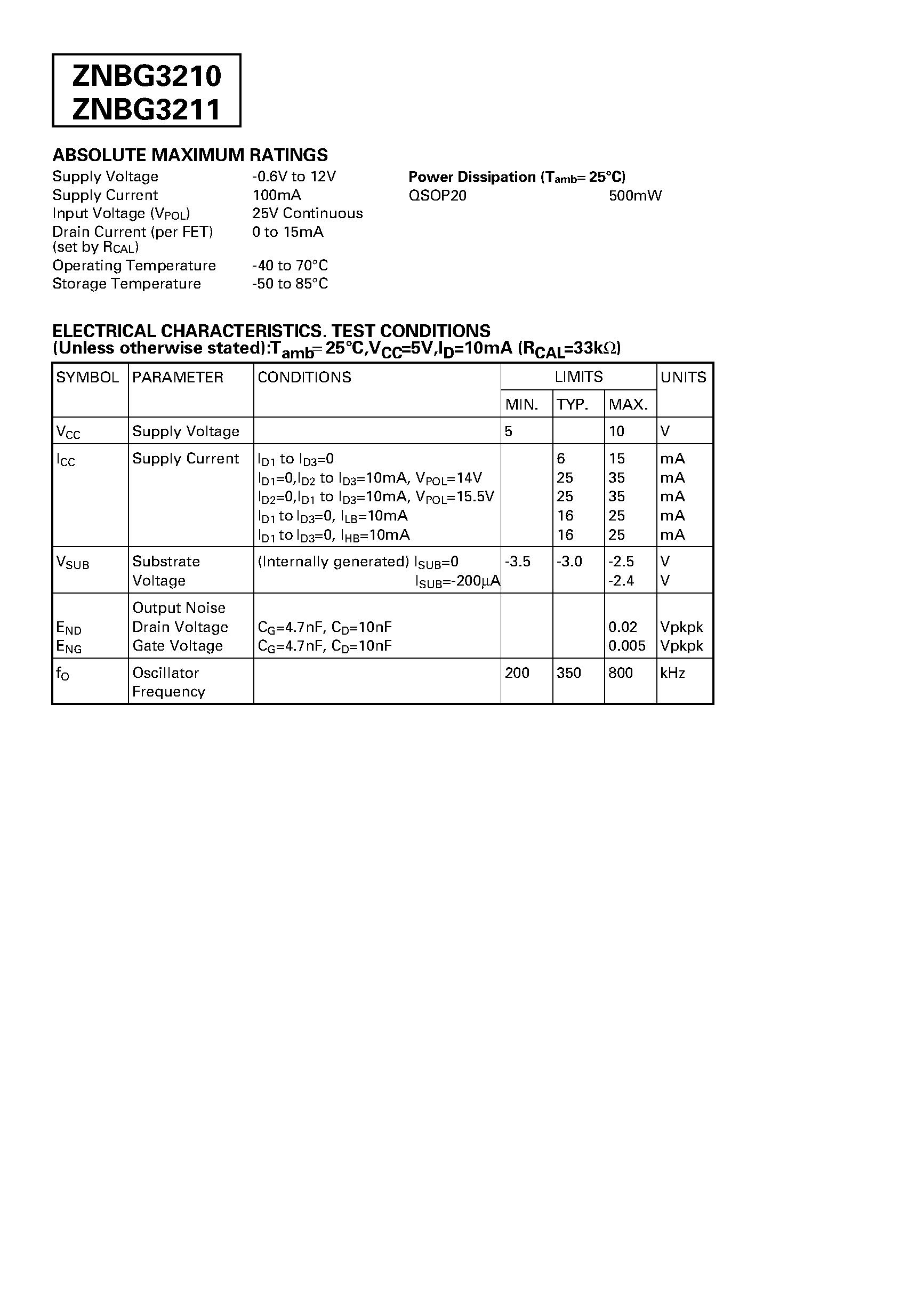 Datasheet ZNBG3210Q20 page 2 Datasheet ZNBG3210Q20 - FET BIAS CONTROLLER WITH POLARISATION SWITCH AND TONE DETECTION page 2