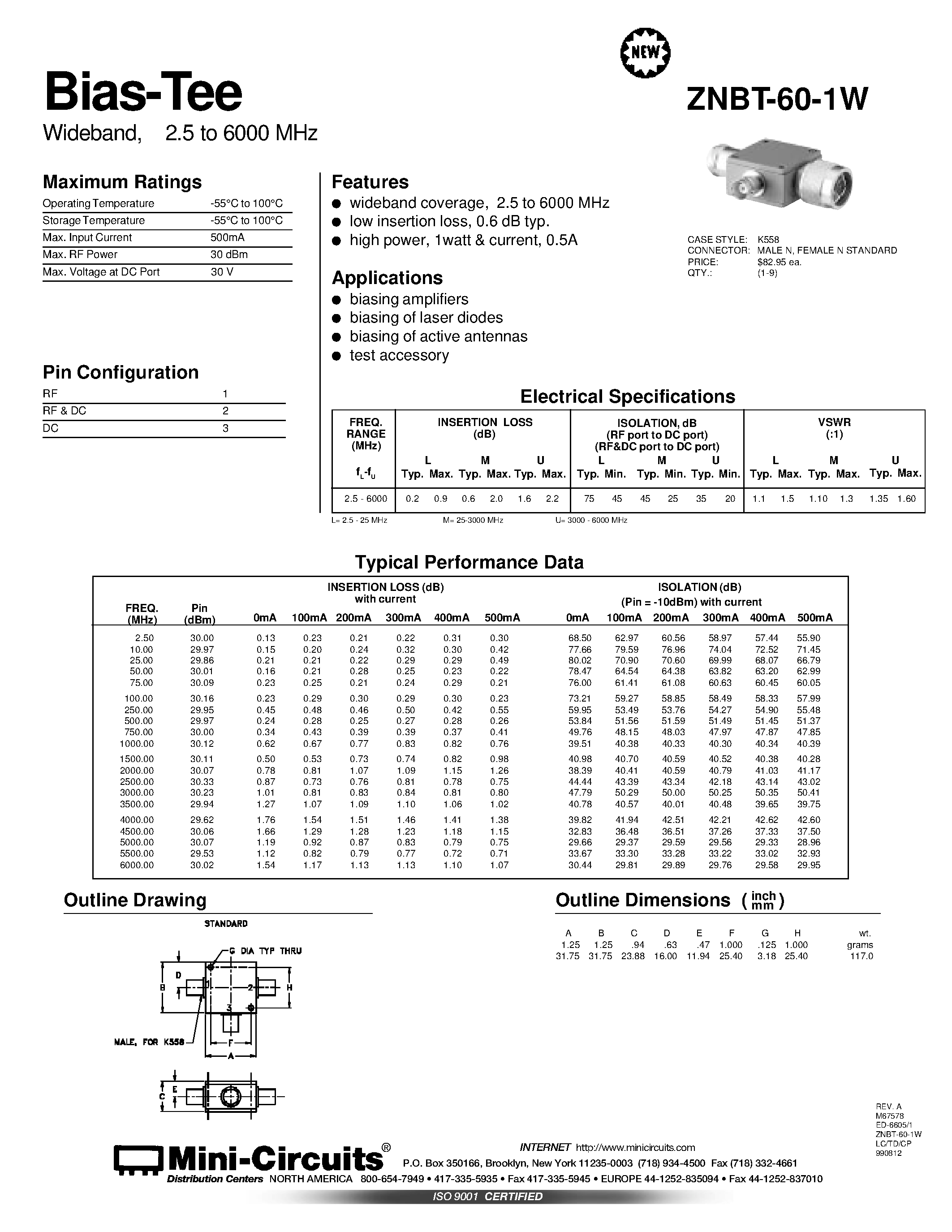 Даташит ZNBT-60-1W - Bias-Tee Wideband/ 2.5 to 6000 MHz страница 1