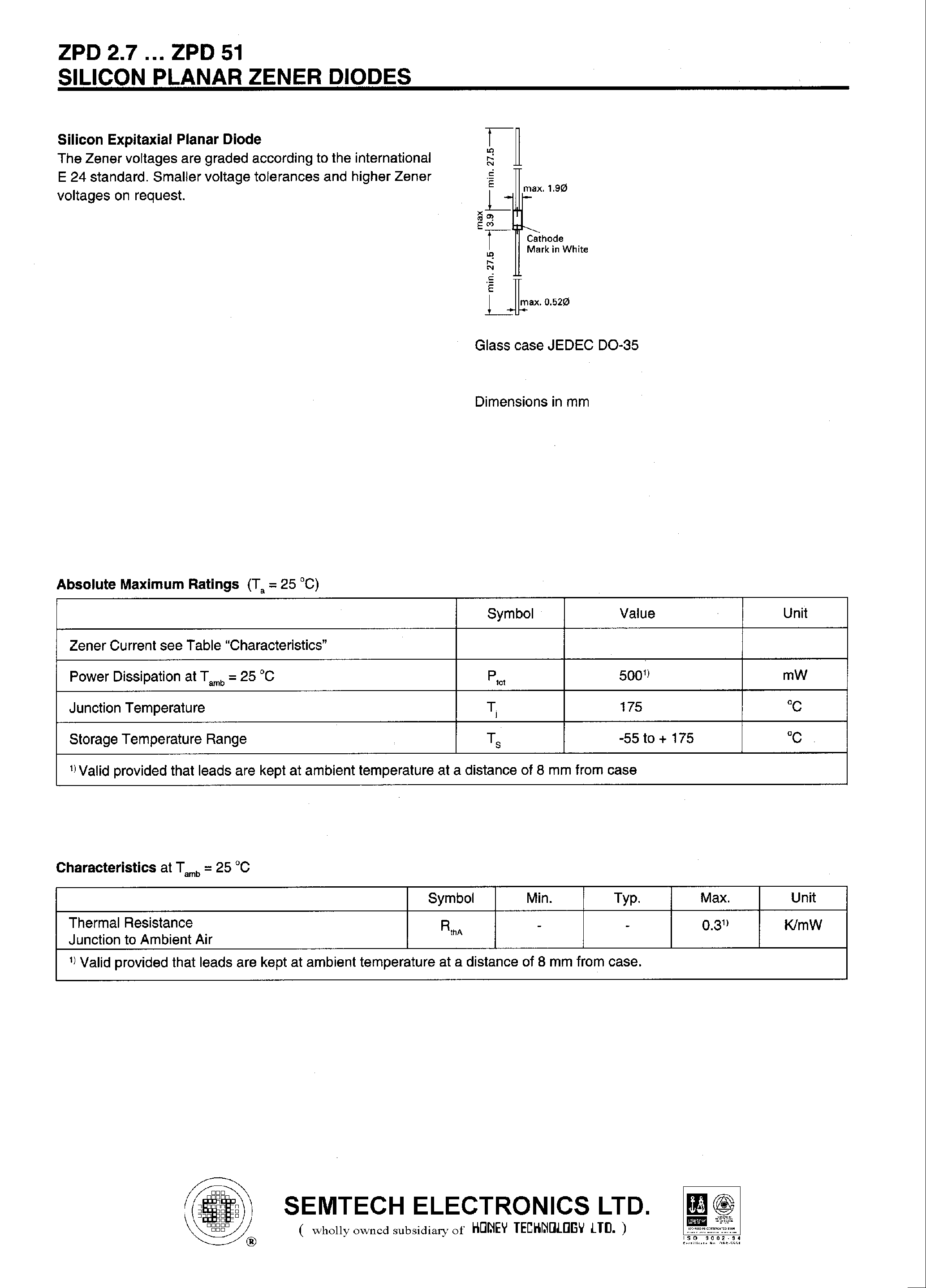 Datasheet ZPD27 page 1 Datasheet ZPD27 - SILICON PLANAR ZENER DIODES page 1