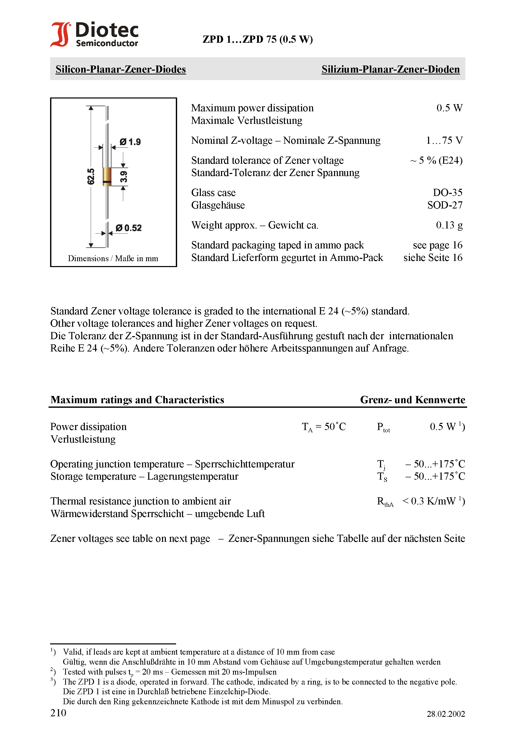 Datasheet ZPD7.5 - Silicon-Planar-Zener-Diodes page 1