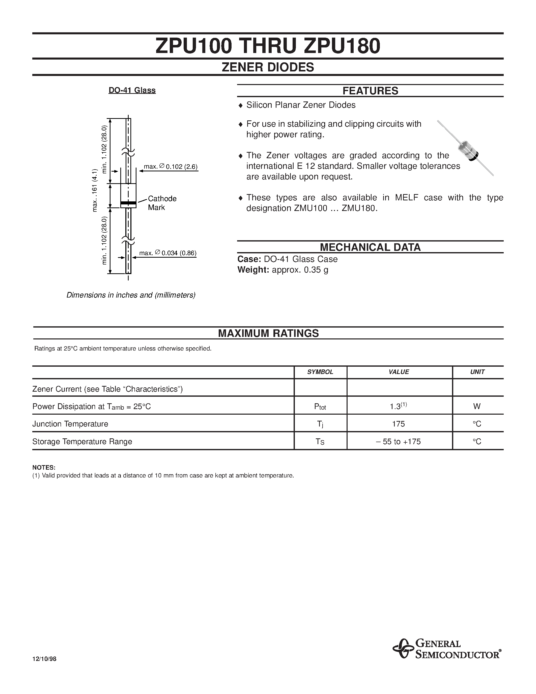 Datasheet ZPU120 - ZENER DIODES page 1