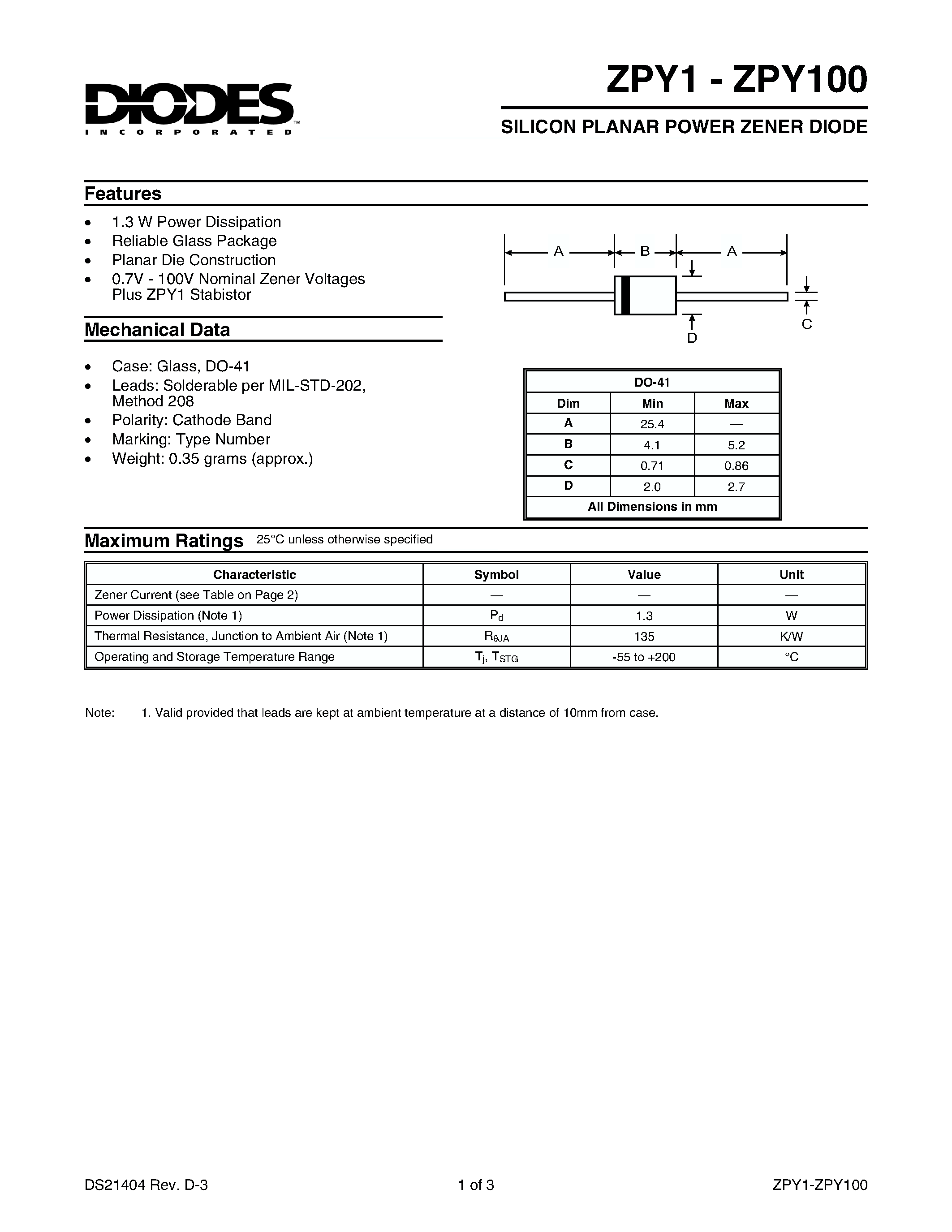 Datasheet ZPY18 page 1 Datasheet ZPY18 - SILICON PLANAR POWER ZENER DIODE page 1