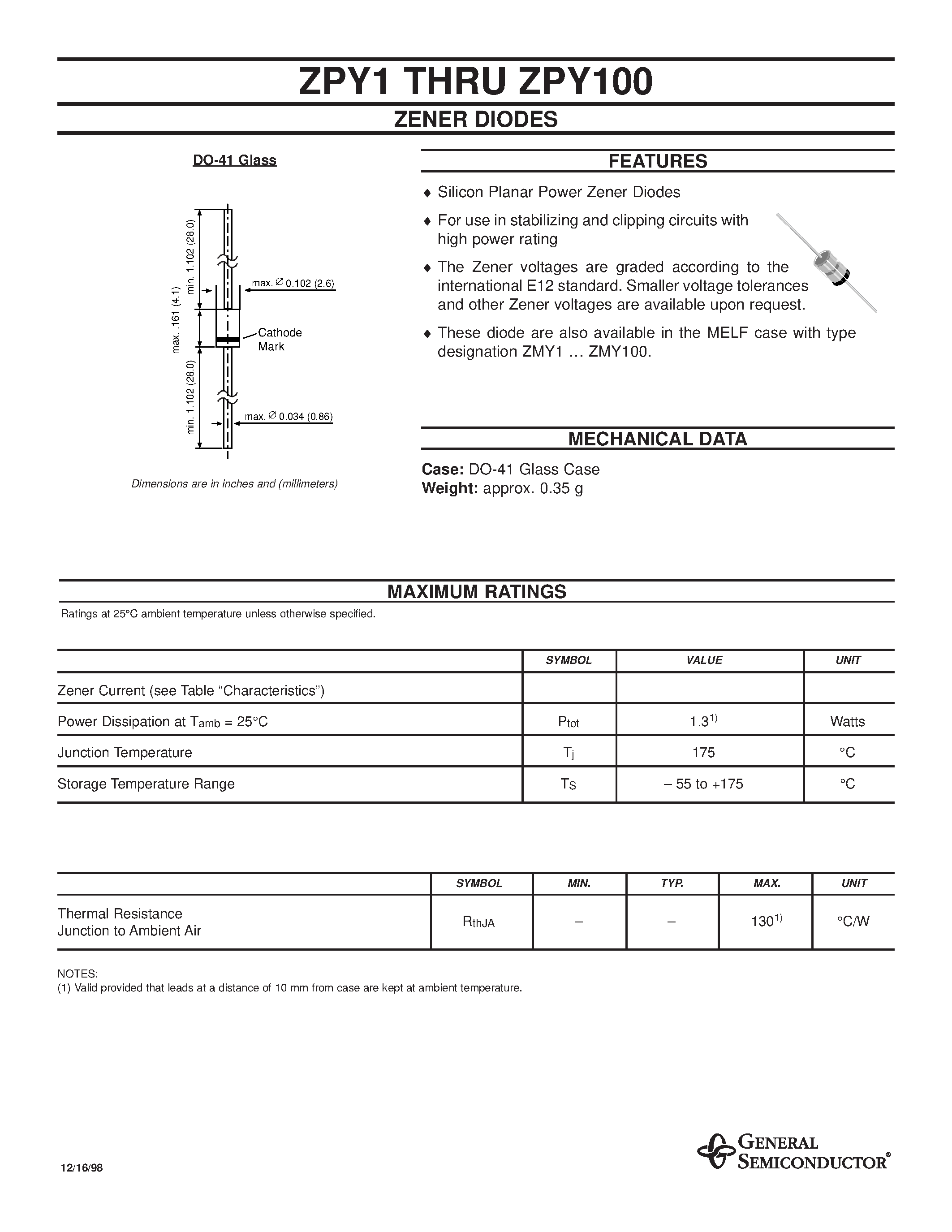 Datasheet ZPY62 - ZENER DIODES page 1