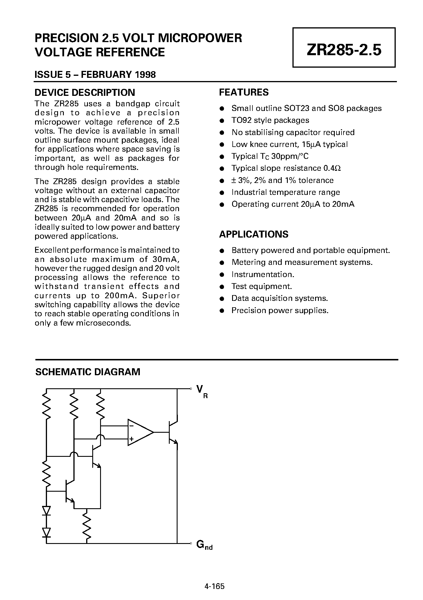 Datasheet ZR285F02 page 1 Datasheet ZR285F02 - PRECISION 2.5 VOLT MICROPOWER VOLTAGE REFERENCE page 1
