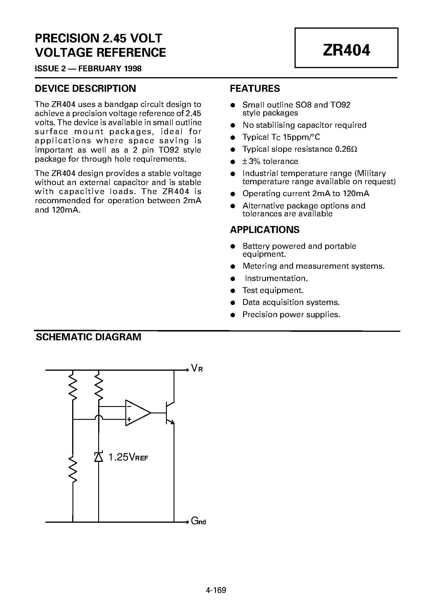 Datasheet ZR404 page 1 Datasheet ZR404 - PRECISION 2.45 VOLT VOLTAGE REFERENCE page 1