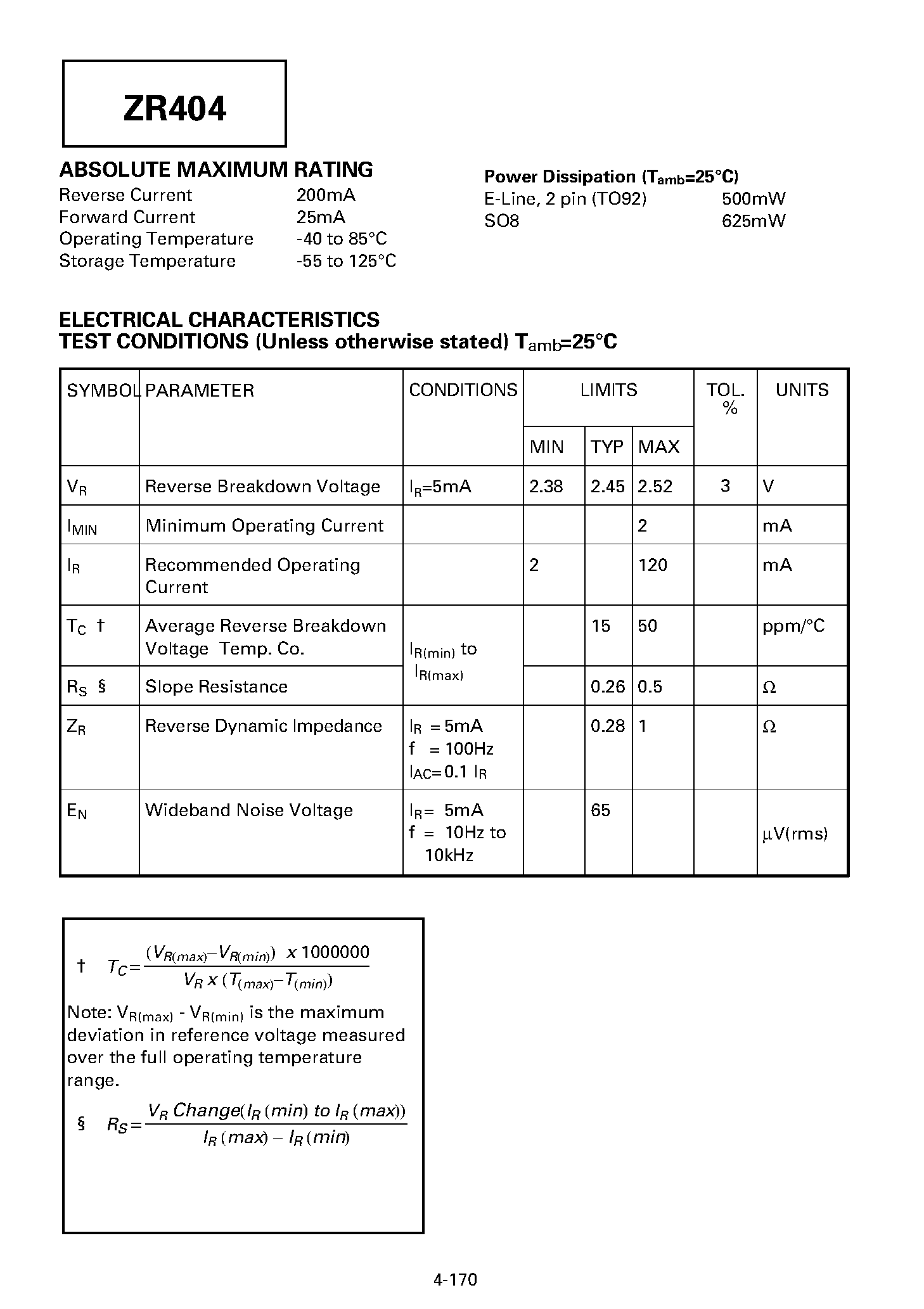 Datasheet ZR404 page 2 Datasheet ZR404 - PRECISION 2.45 VOLT VOLTAGE REFERENCE page 2