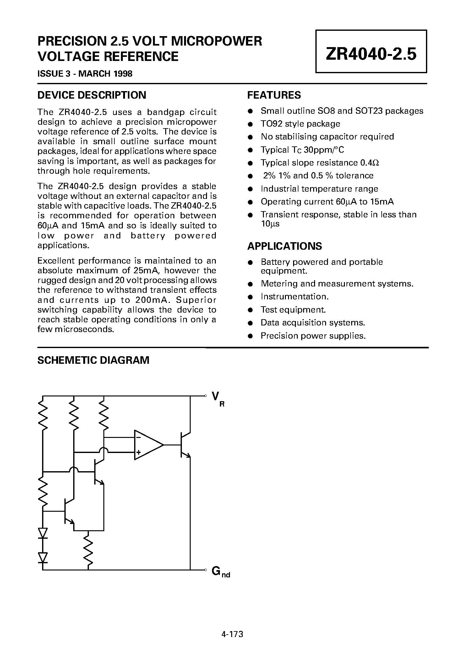 Даташит ZR4040-2.5 - PRECISION 2.5 VOLT MICROPOWER VOLTAGE REFERENCE страница 1