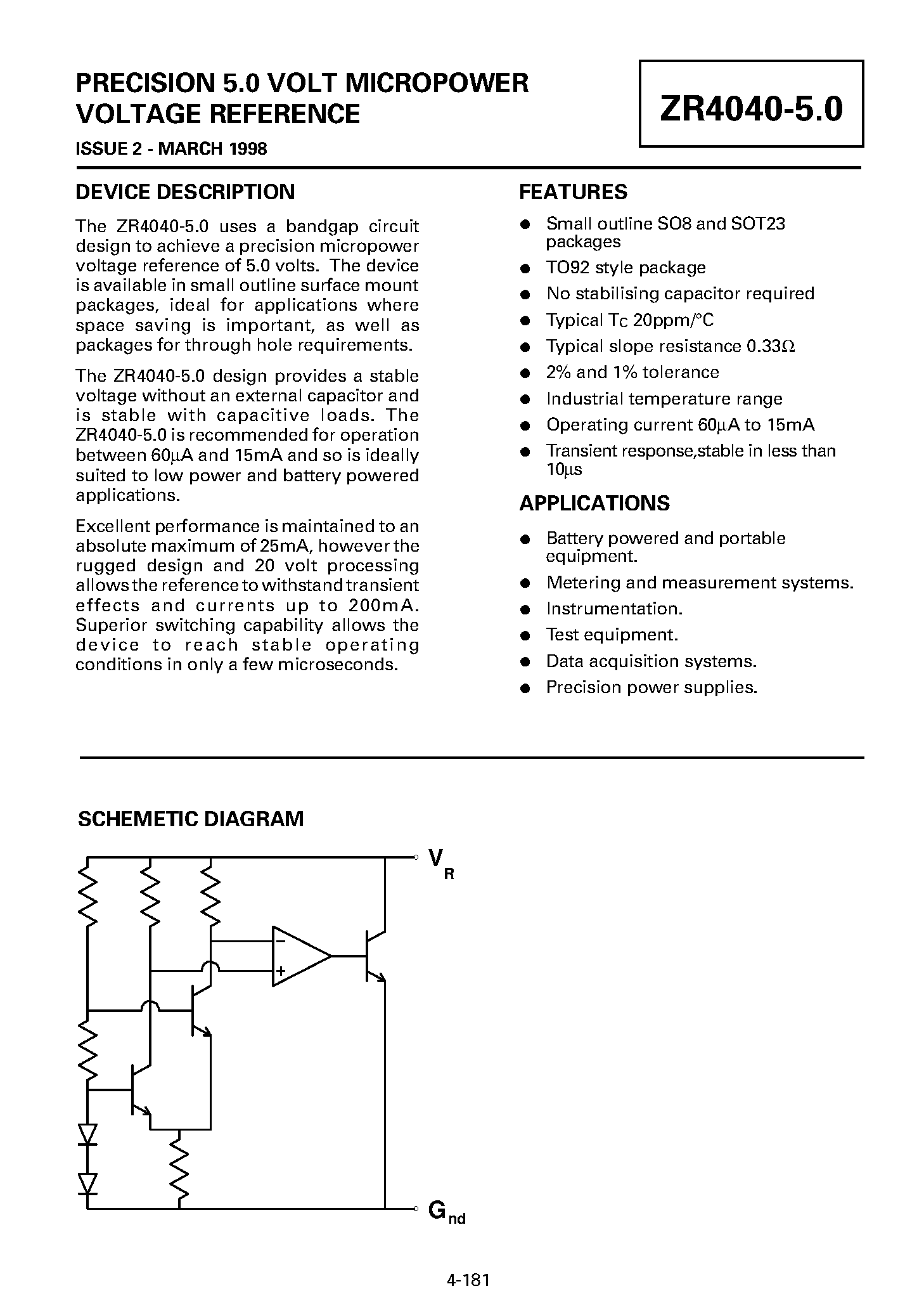 Datasheet ZR40402N850 page 1 Datasheet ZR40402N850 - PRECISION 5.0 VOLT MICROPOWER VOLTAGE REFERENCE page 1