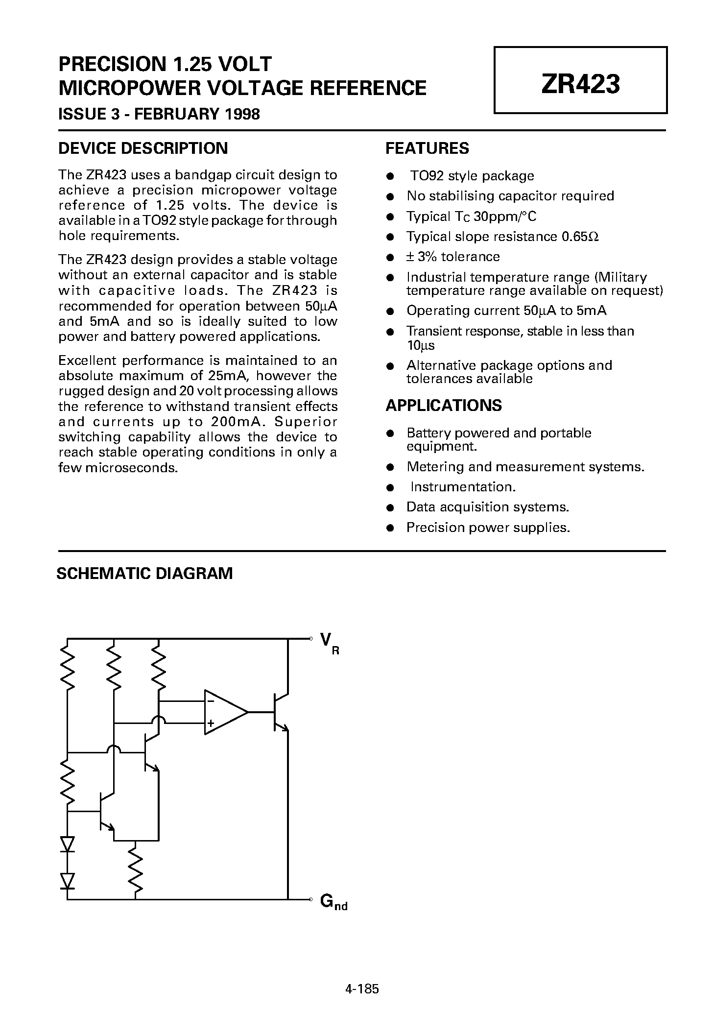 Datasheet ZR423 - PRECISION 1.25 VOLT MICROPOWER VOLTAGE REFERENCE page 1