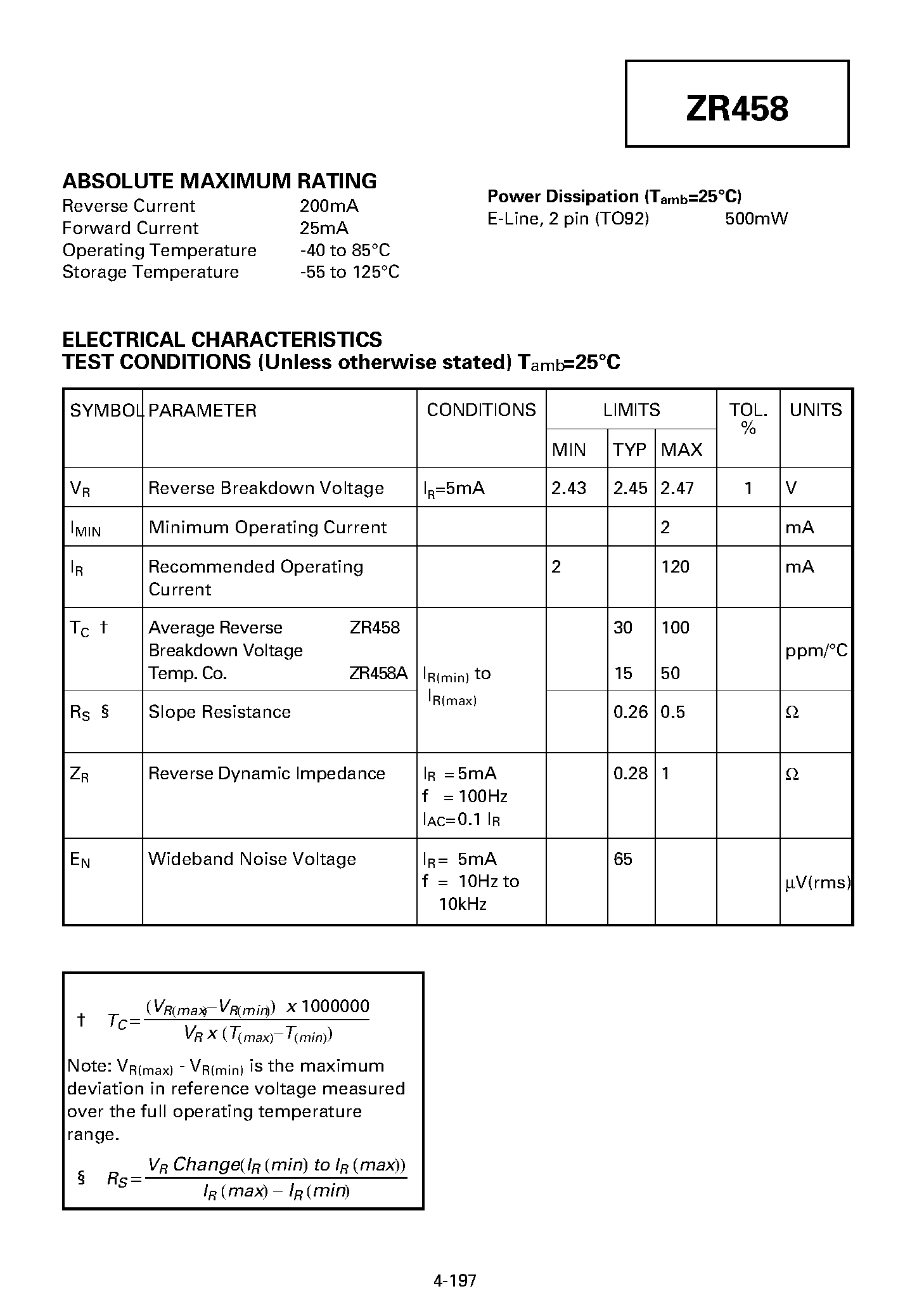 Datasheet ZR458 page 2 Datasheet ZR458 - PRECISION 2.45 VOLT VOLTAGE REFERENCE page 2