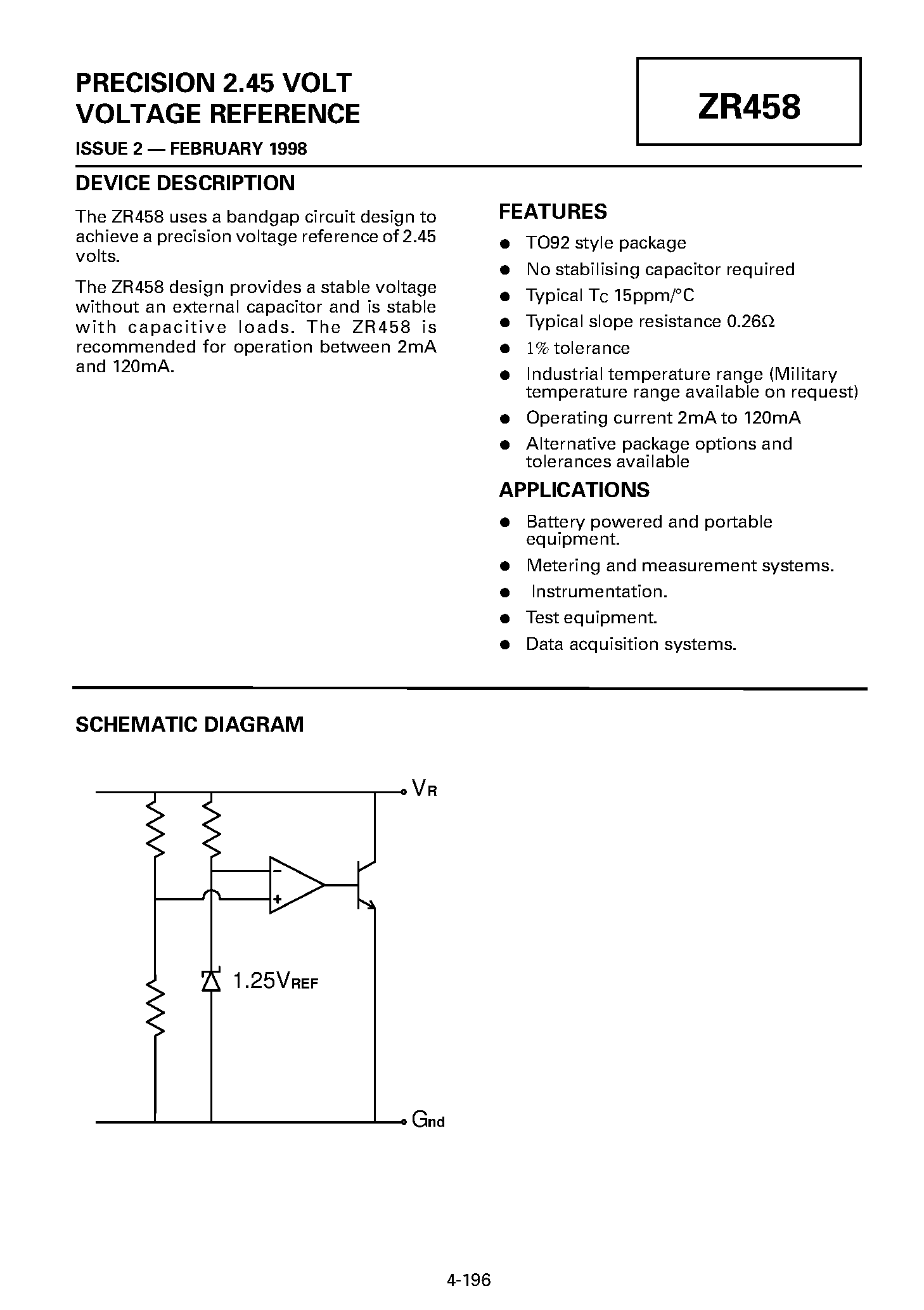 Datasheet ZR458A page 1 Datasheet ZR458A - PRECISION 2.45 VOLT VOLTAGE REFERENCE page 1