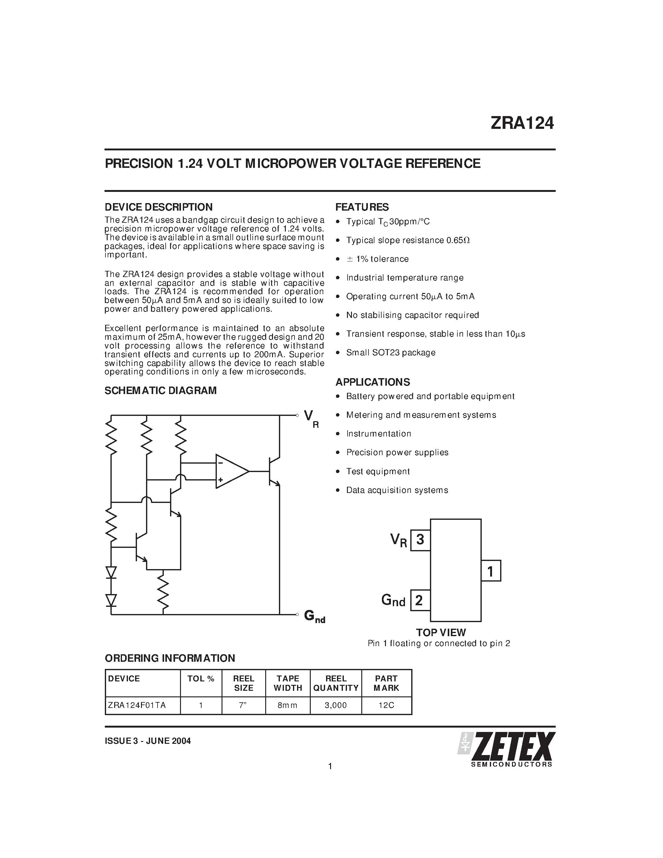 Datasheet ZRA124 - PRECISION 1.24 VOLT MICROPOWER VOLTAGE REFERENCE page 1