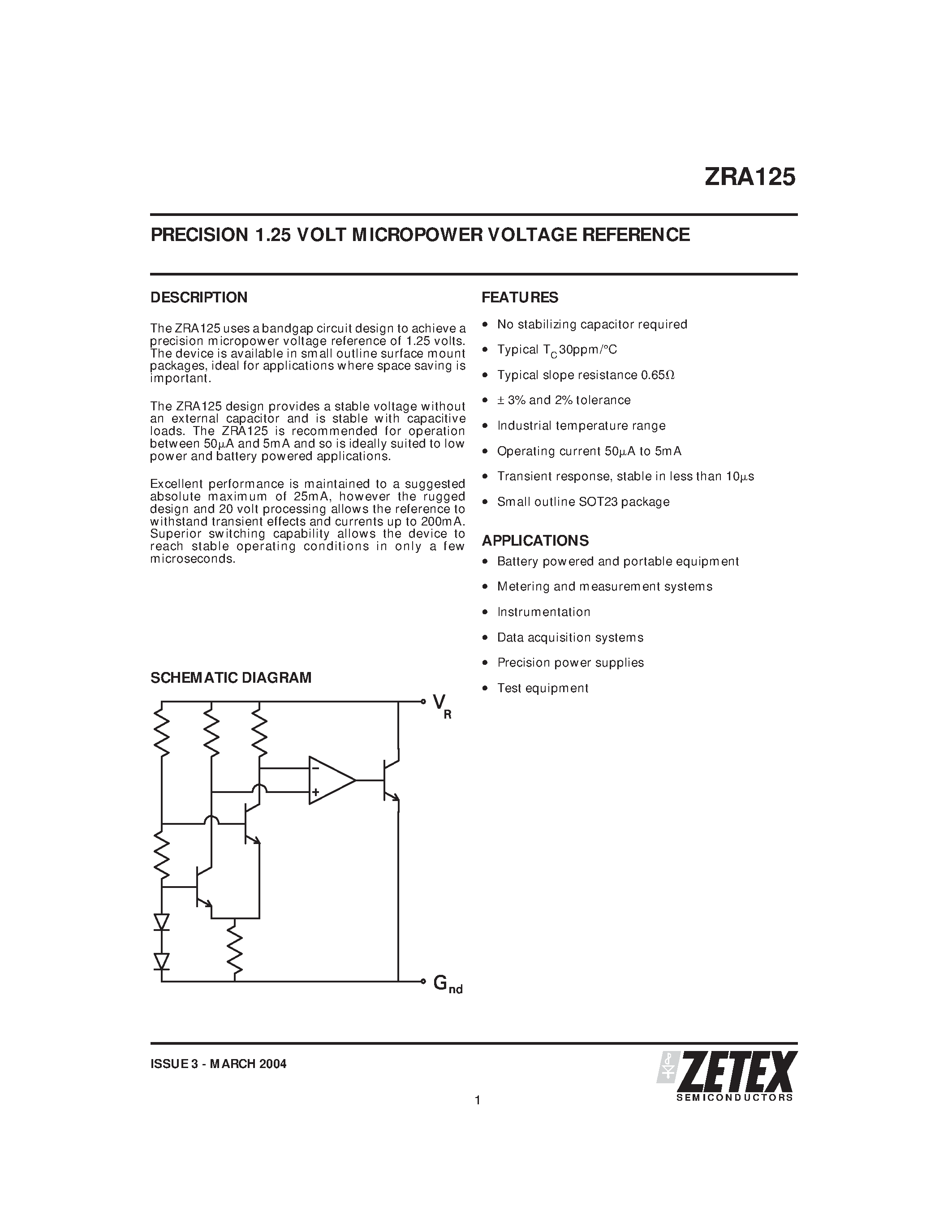 Datasheet ZRA125 - PRECISION 1.25 VOLT MICROPOWER VOLTAGE REFERENCE page 1