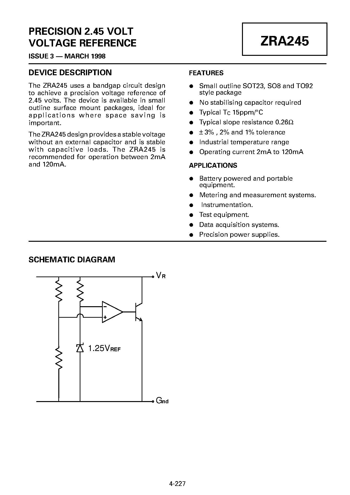 Datasheet ZRA245N801 page 1 Datasheet ZRA245N801 - PRECISION 2.45 VOLT VOLTAGE REFERENCE page 1