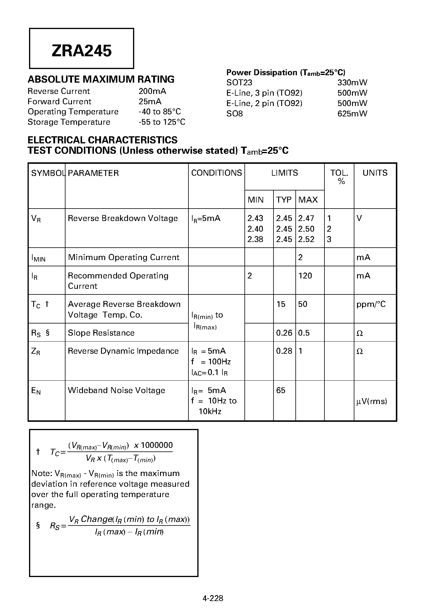 Datasheet ZRA245Y03 page 2 Datasheet ZRA245Y03 - PRECISION 2.45 VOLT VOLTAGE REFERENCE page 2