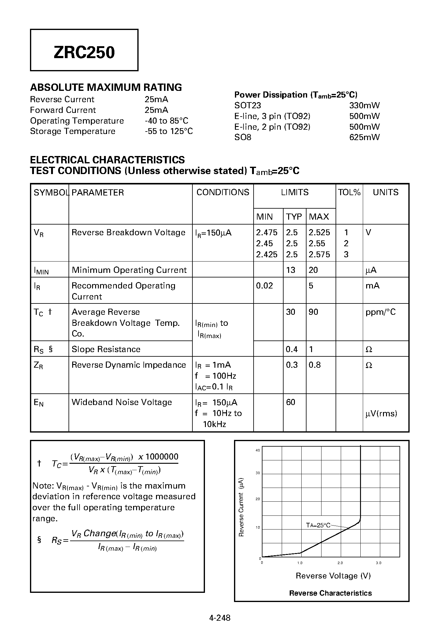 Datasheet ZRC250N801 page 2 Datasheet ZRC250N801 - PRECISION 2.5 VOLT LOW KNEE CURRENT VOLTAGE REFERENCE page 2