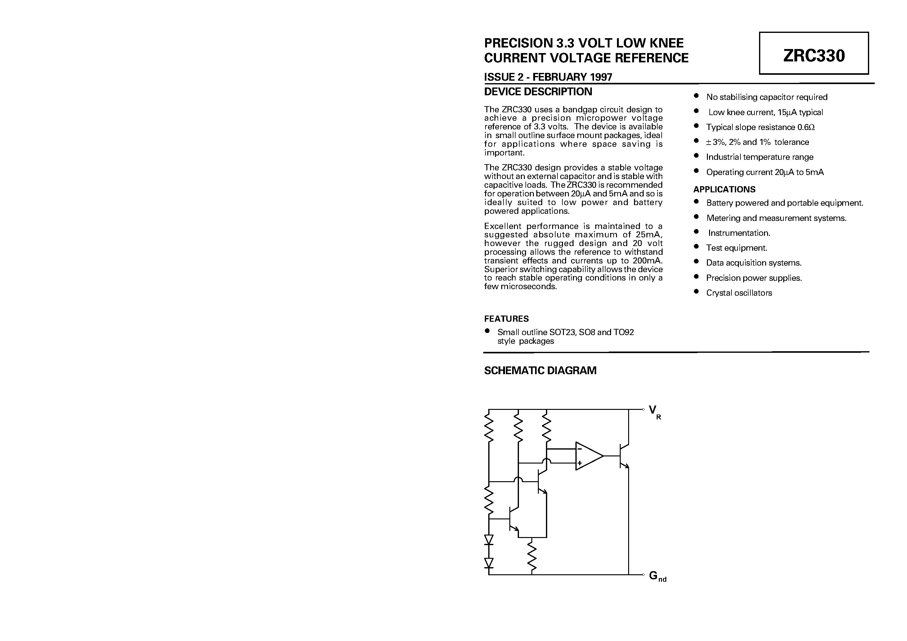 Datasheet ZRC330F03 - PRECISION 3.3 VOLT LOW KNEE CURRENT VOLTAGE REFERENCE page 1