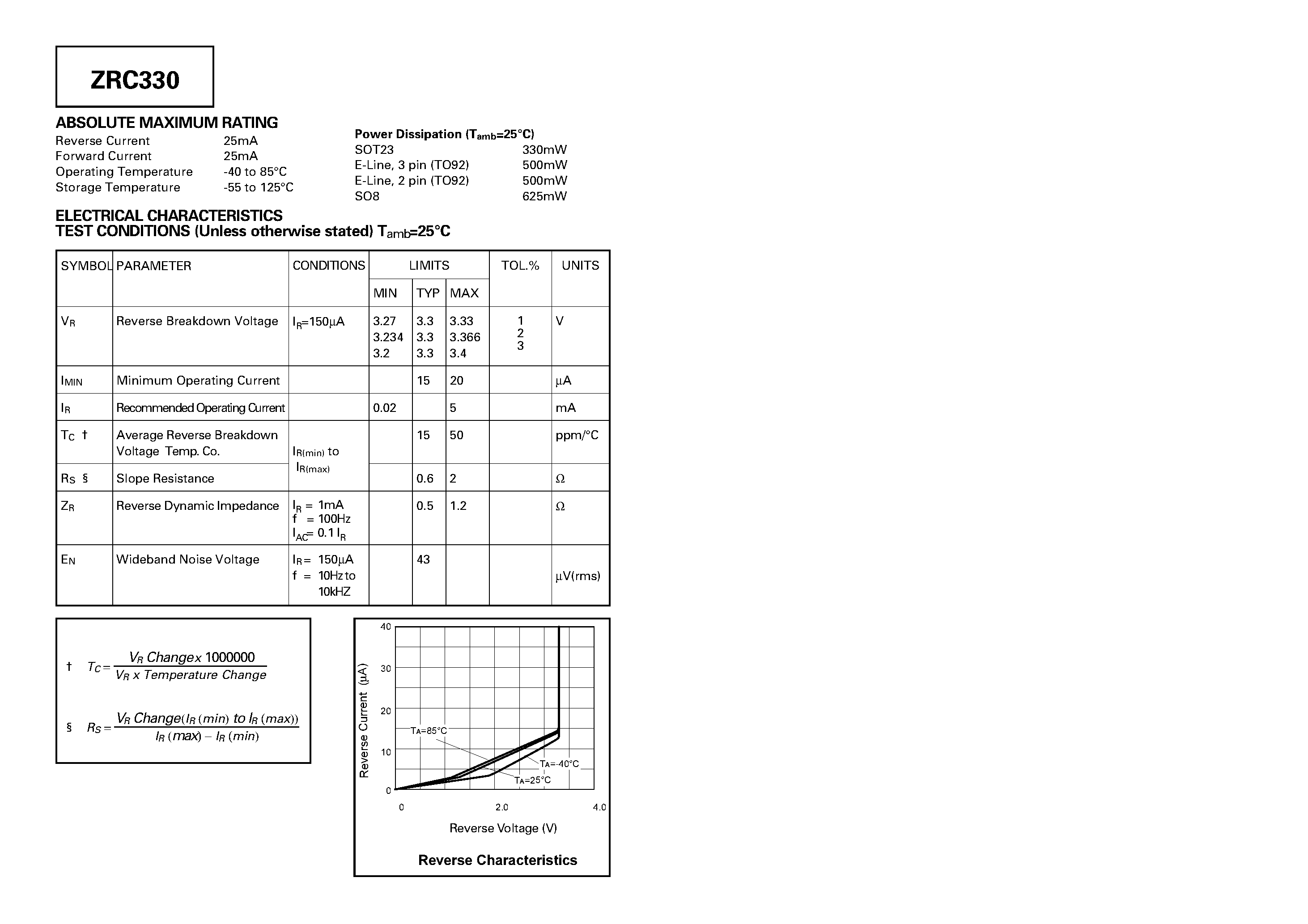 Datasheet ZRC330Y01 - PRECISION 3.3 VOLT LOW KNEE CURRENT VOLTAGE REFERENCE page 2