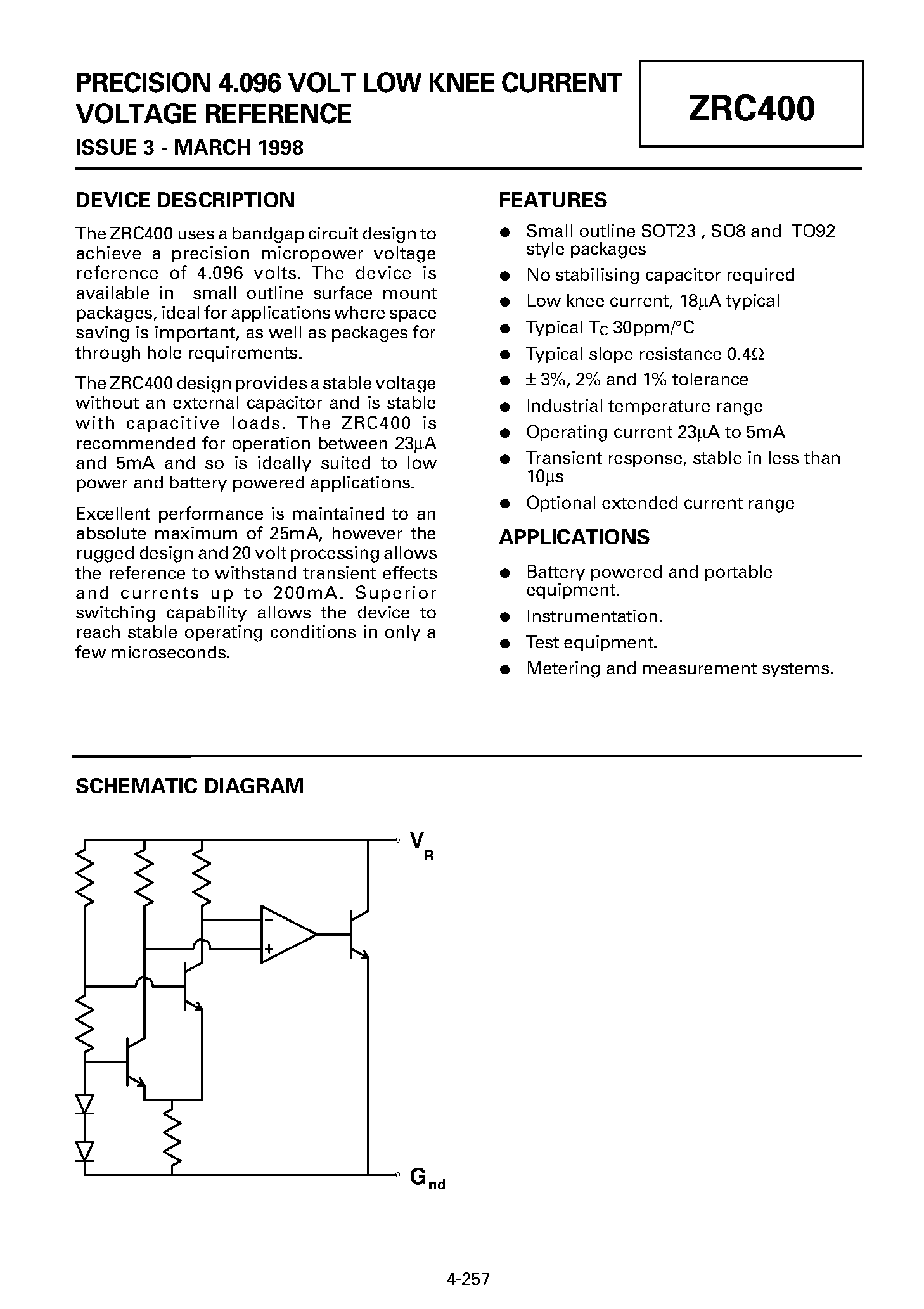 Datasheet ZRC400F03 - PRECISION 4.096 VOLT LOW KNEE CURRENT VOLTAGE REFERENCE page 1
