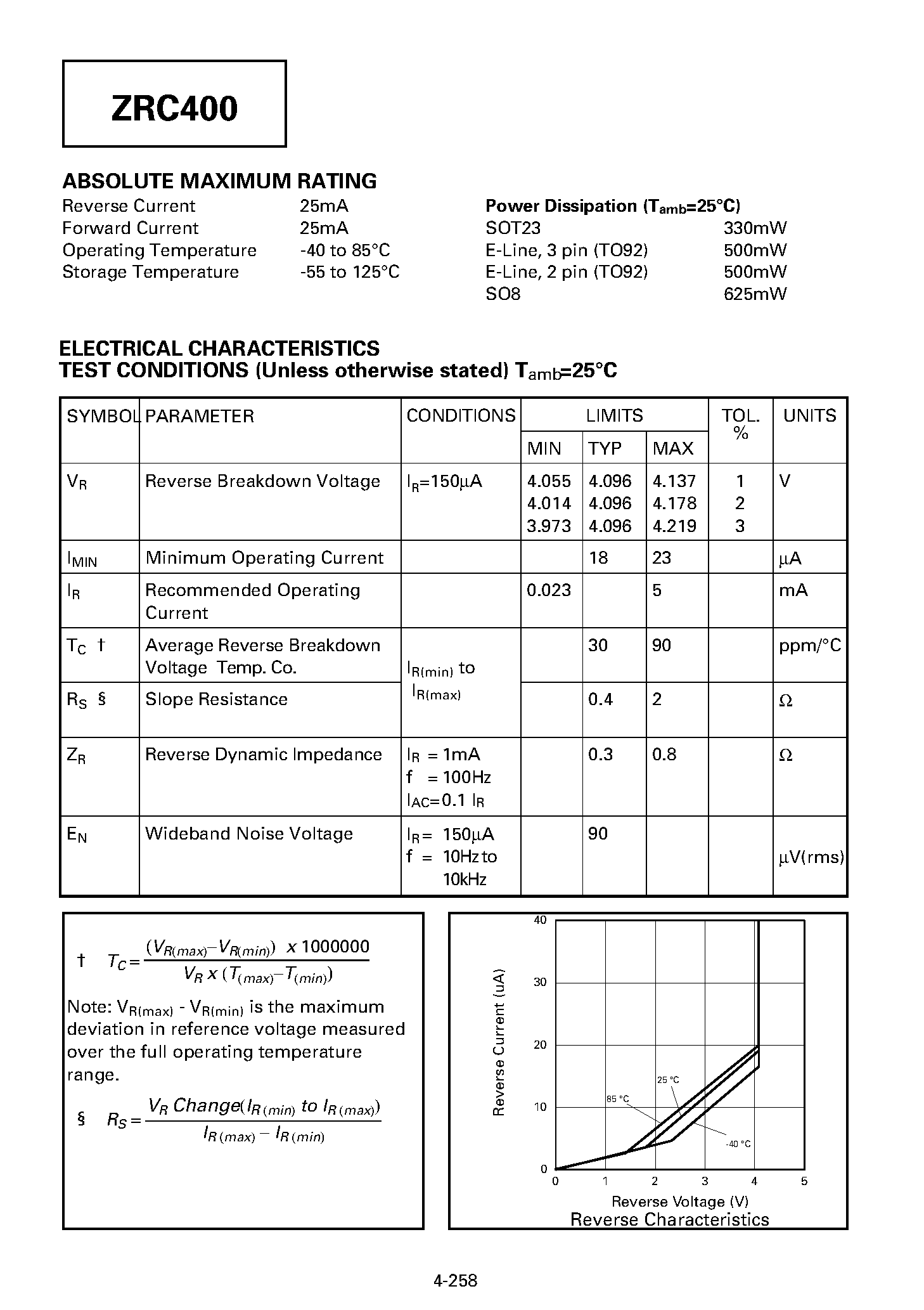 Datasheet ZRC400R03 - PRECISION 4.096 VOLT LOW KNEE CURRENT VOLTAGE REFERENCE page 2