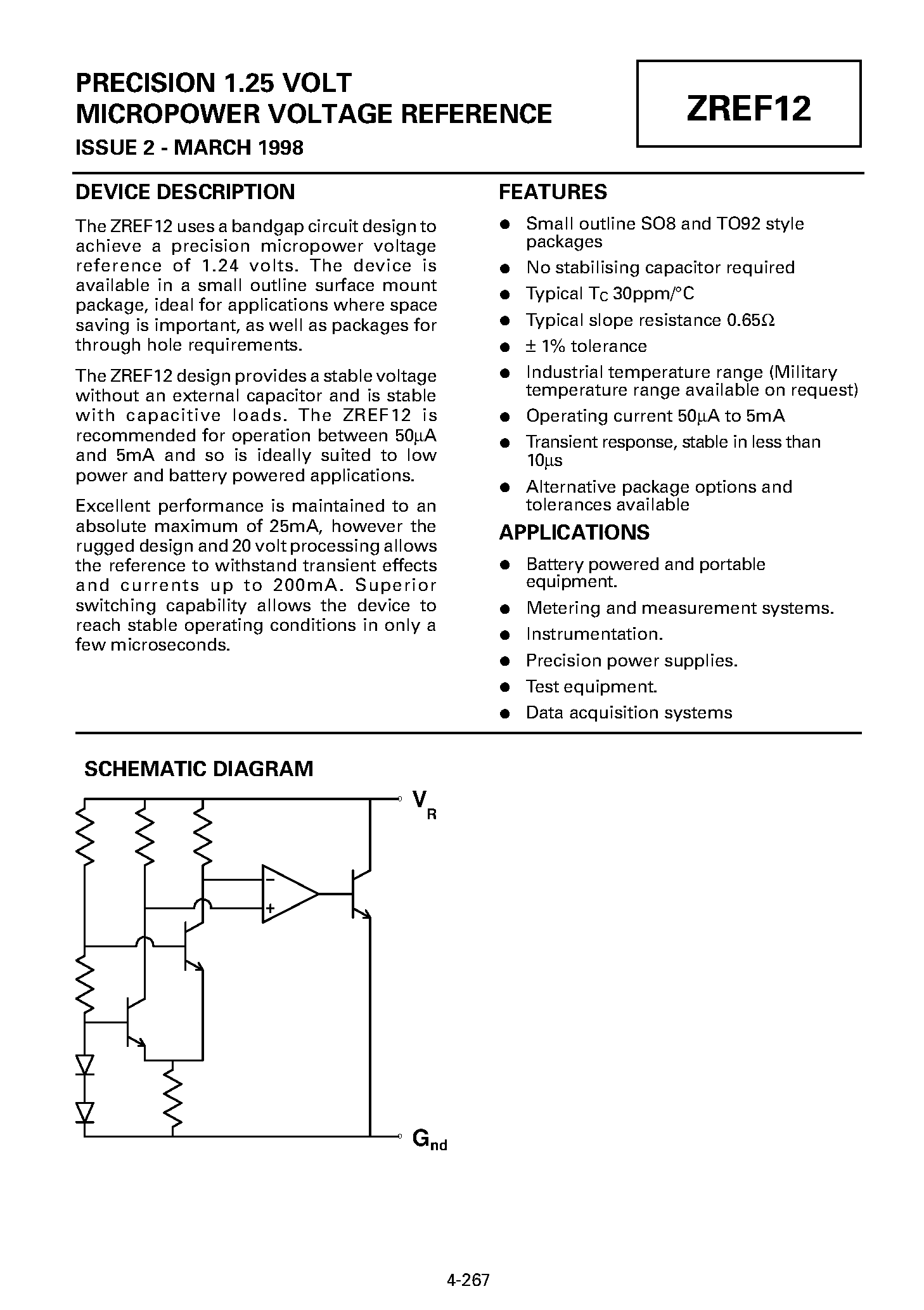 Datasheet ZREF12 - PRECISION 1.25 VOLT MICROPOWER VOLTAGE REFERENCE page 1