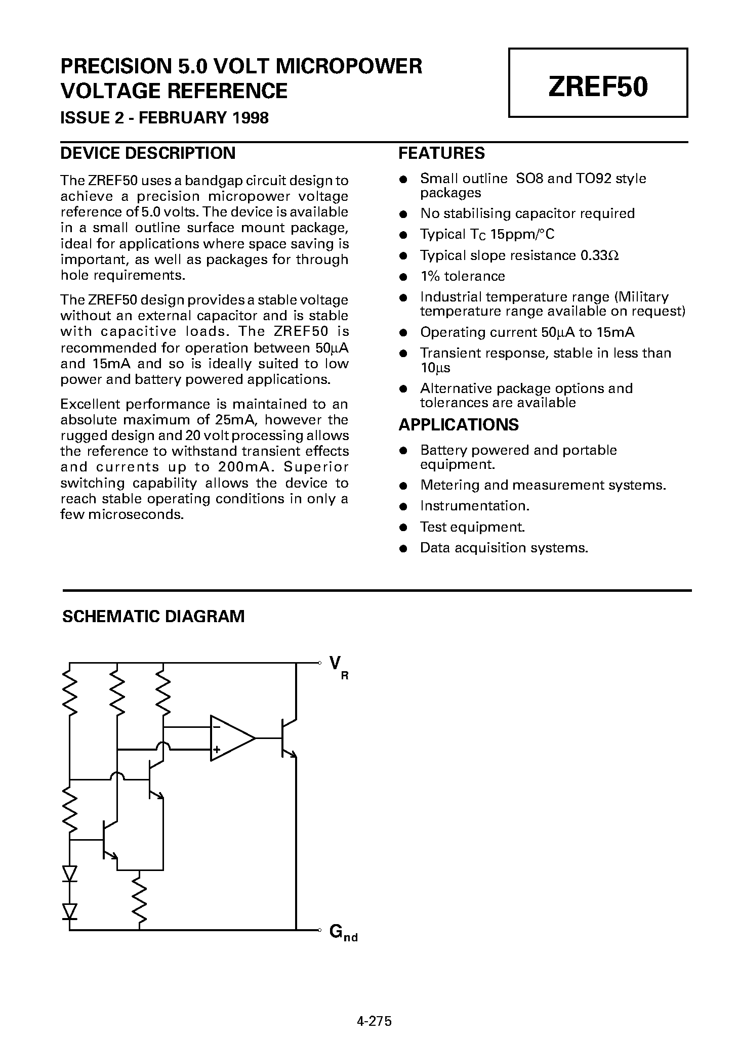 Даташит на микросхему ZREF50 страница 1 Даташит ZREF50 - PRECISION 5.0 VOLT MICROPOWER VOLTAGE REFERENCE страница 1