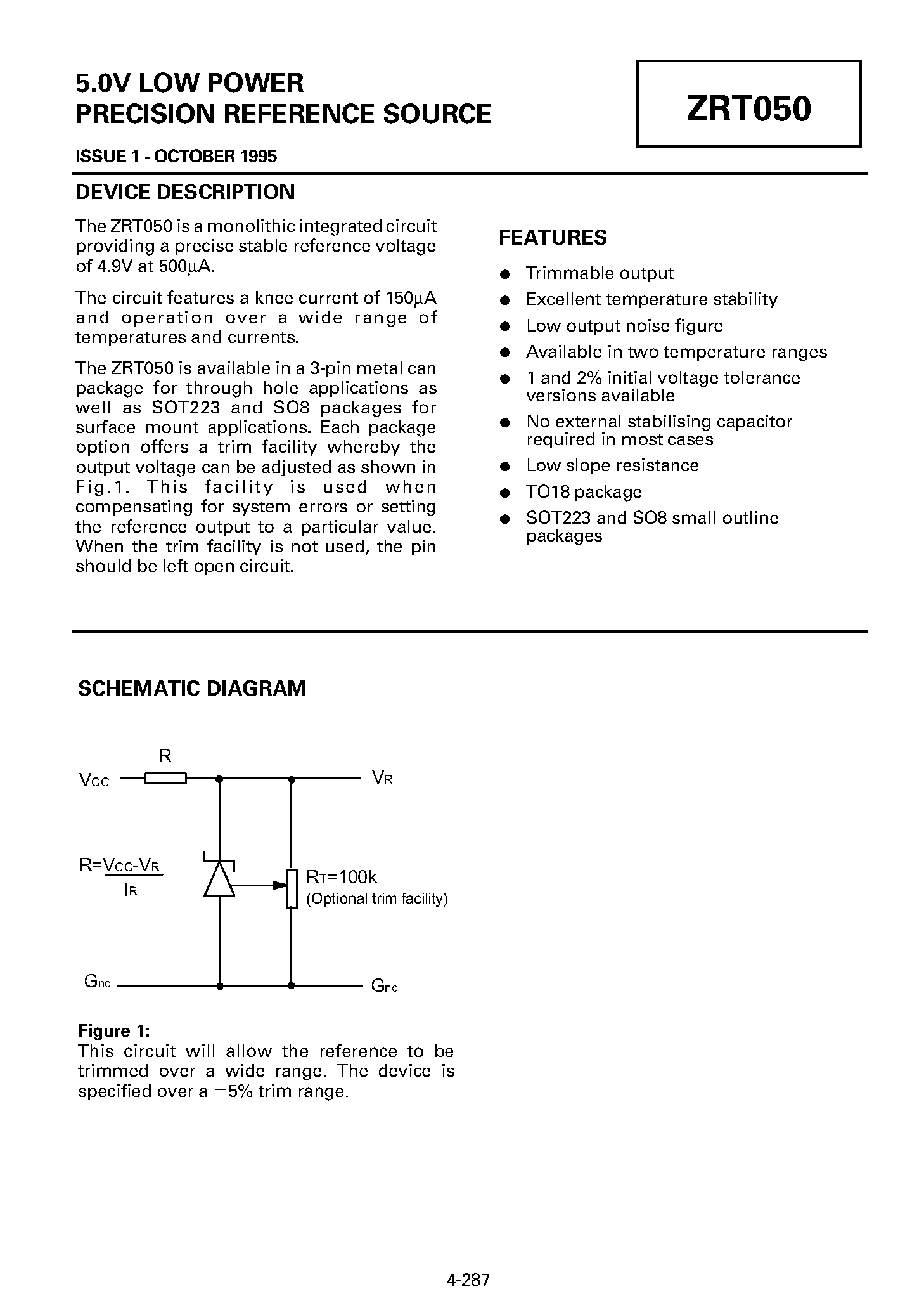 Даташит на микросхему ZRT050 страница 1 Даташит ZRT050 - 5.0V LOW POWER PRECISION REFERENCE SOURCE страница 1