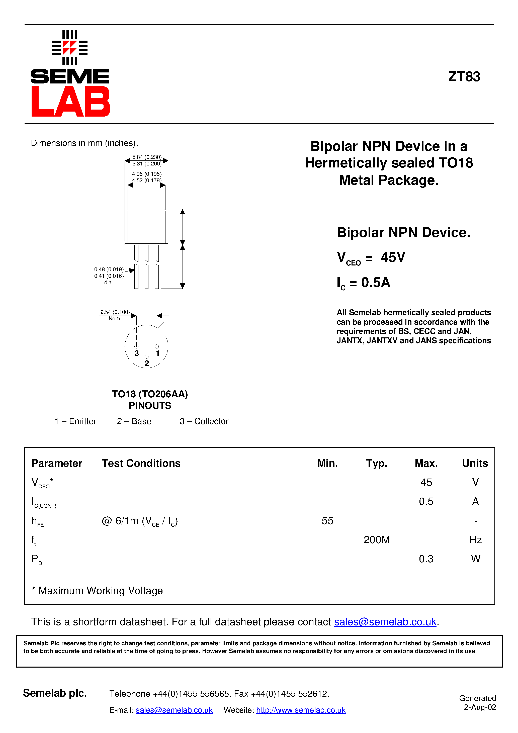 Datasheet ZT83 - Bipolar NPN Device in a Hermetically sealed TO18 Metal Package. page 1