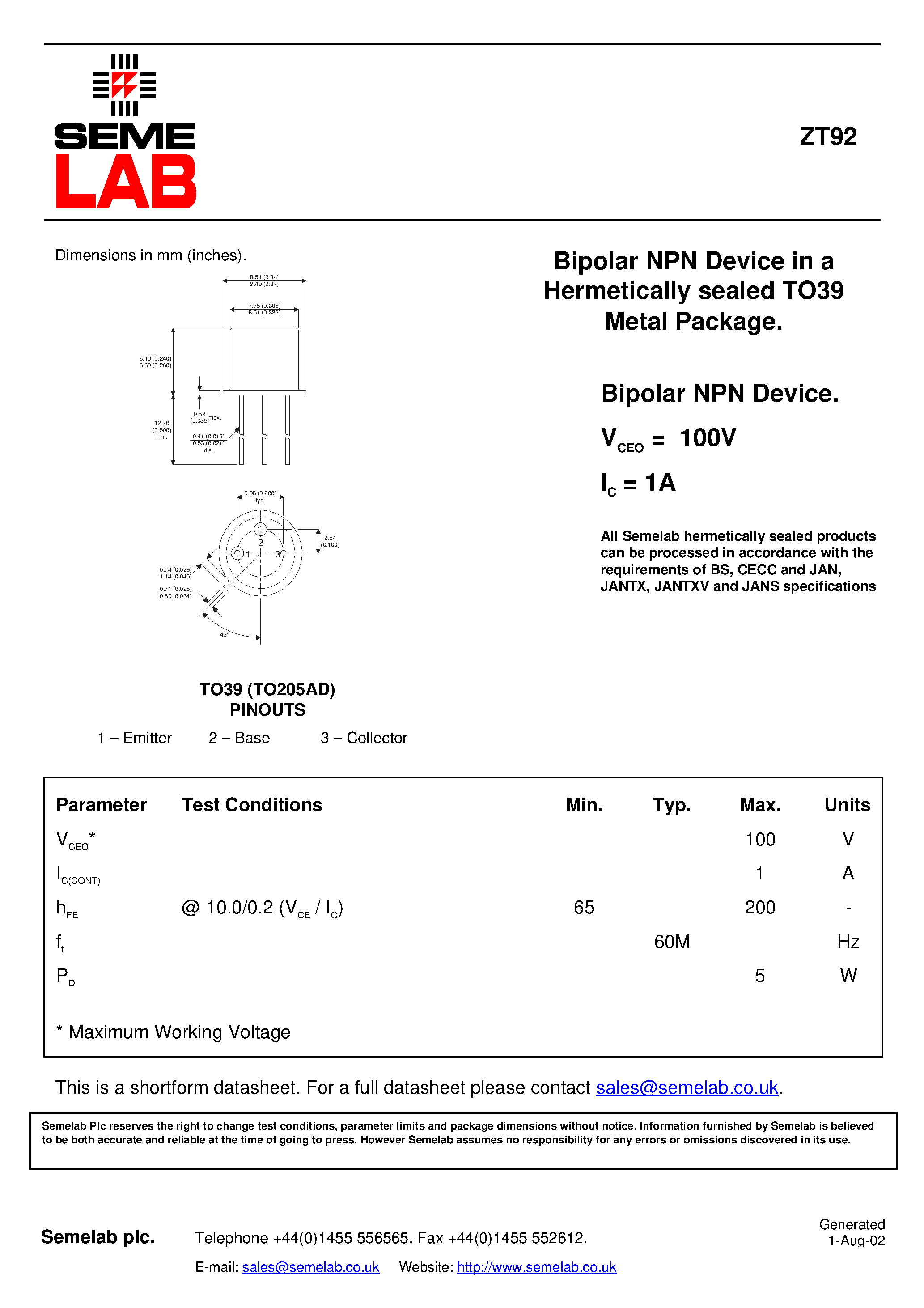 Datasheet ZT92 - Bipolar NPN Device in a Hermetically sealed TO39 Metal Package page 1