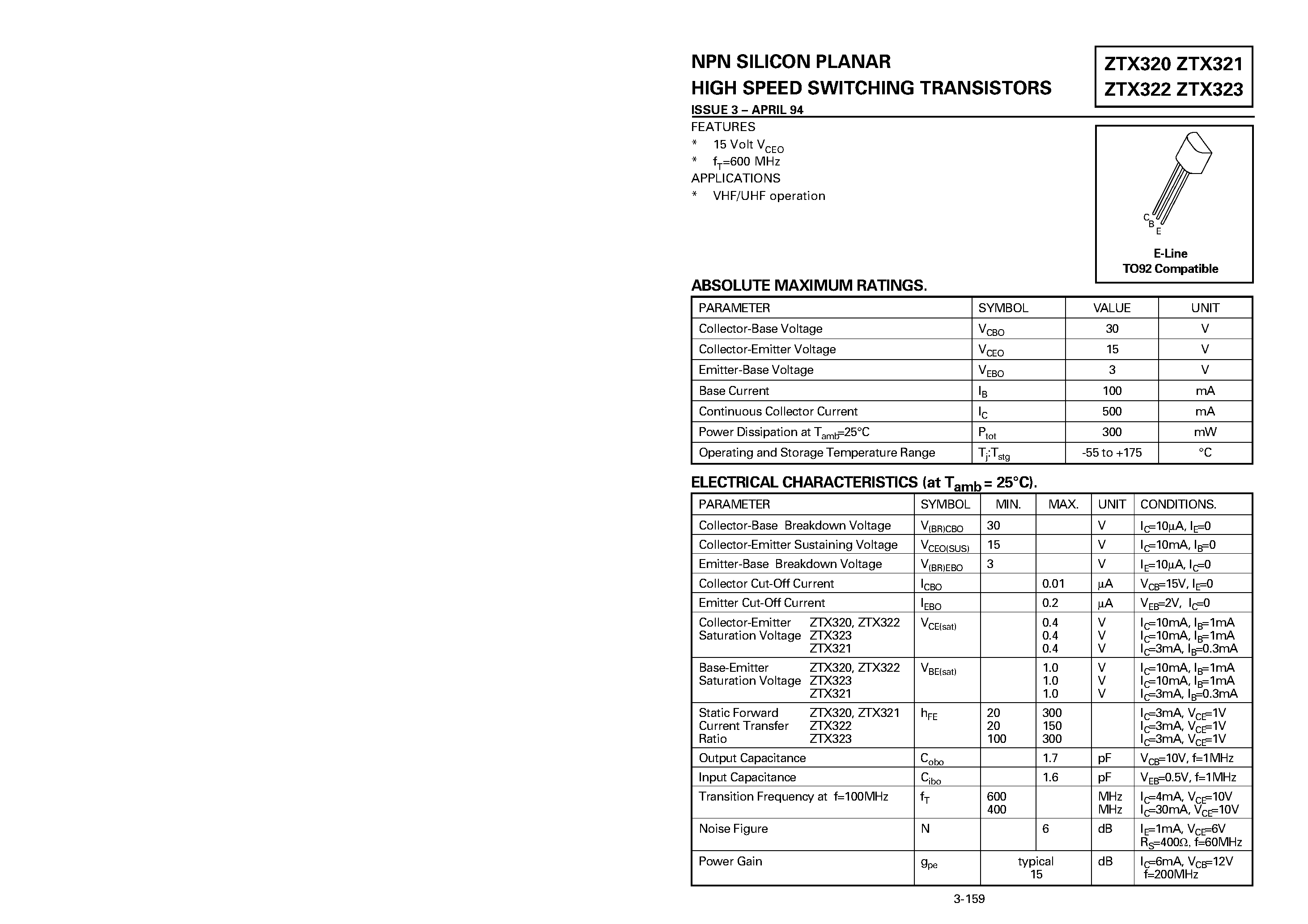 Datasheet ZTX322 page 1 Datasheet ZTX322 - NPN SILICON PLANAR HIGH SPEED SWITCHING TRANSISTORS page 1