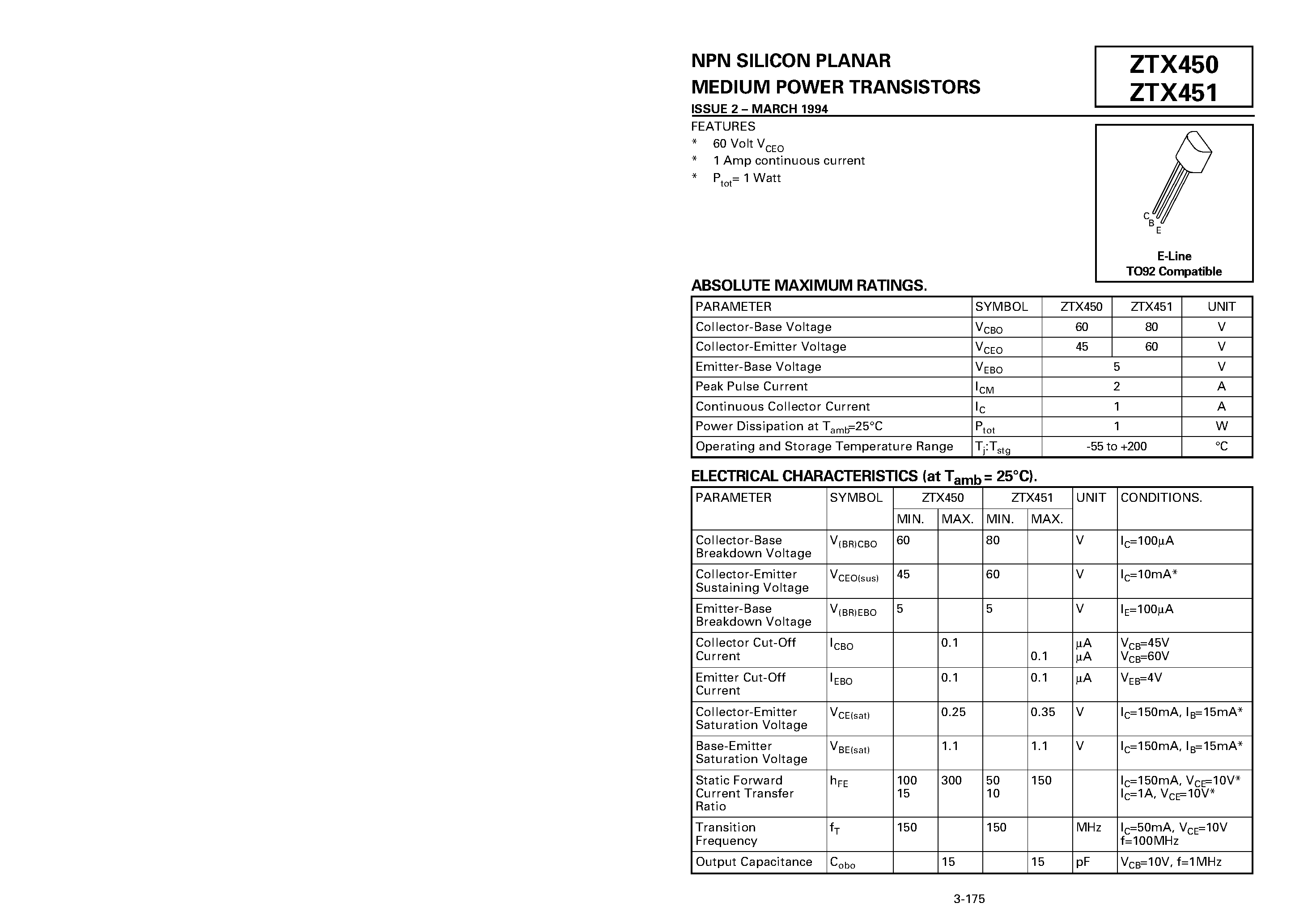Datasheet ZTX451 page 1 Datasheet ZTX451 - NPN SILICON PLANAR MEDIUM POWER TRANSISTORS page 1