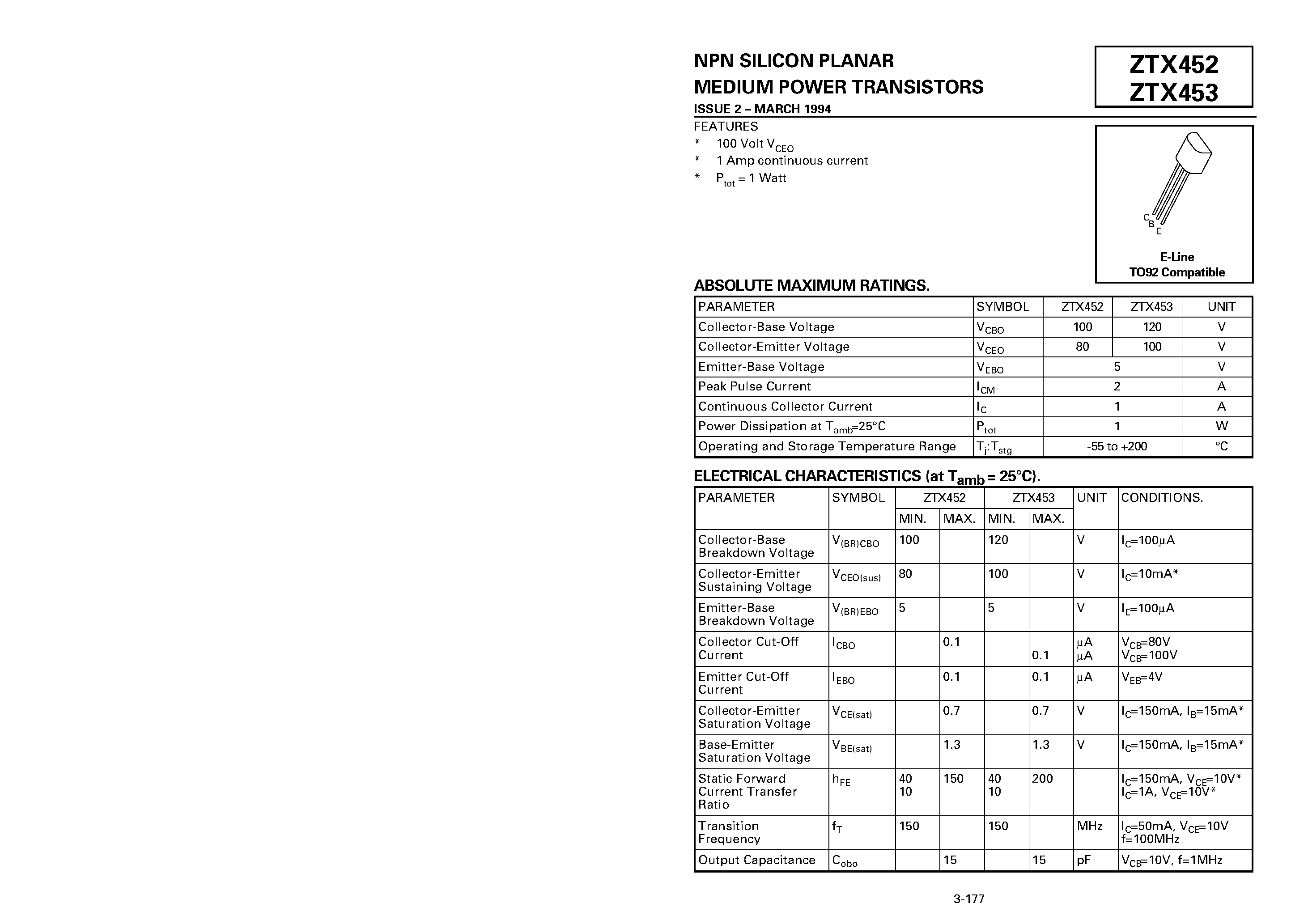 Datasheet ZTX452 page 1 Datasheet ZTX452 - NPN SILICON PLANAR MEDIUM POWER TRANSISTORS page 1