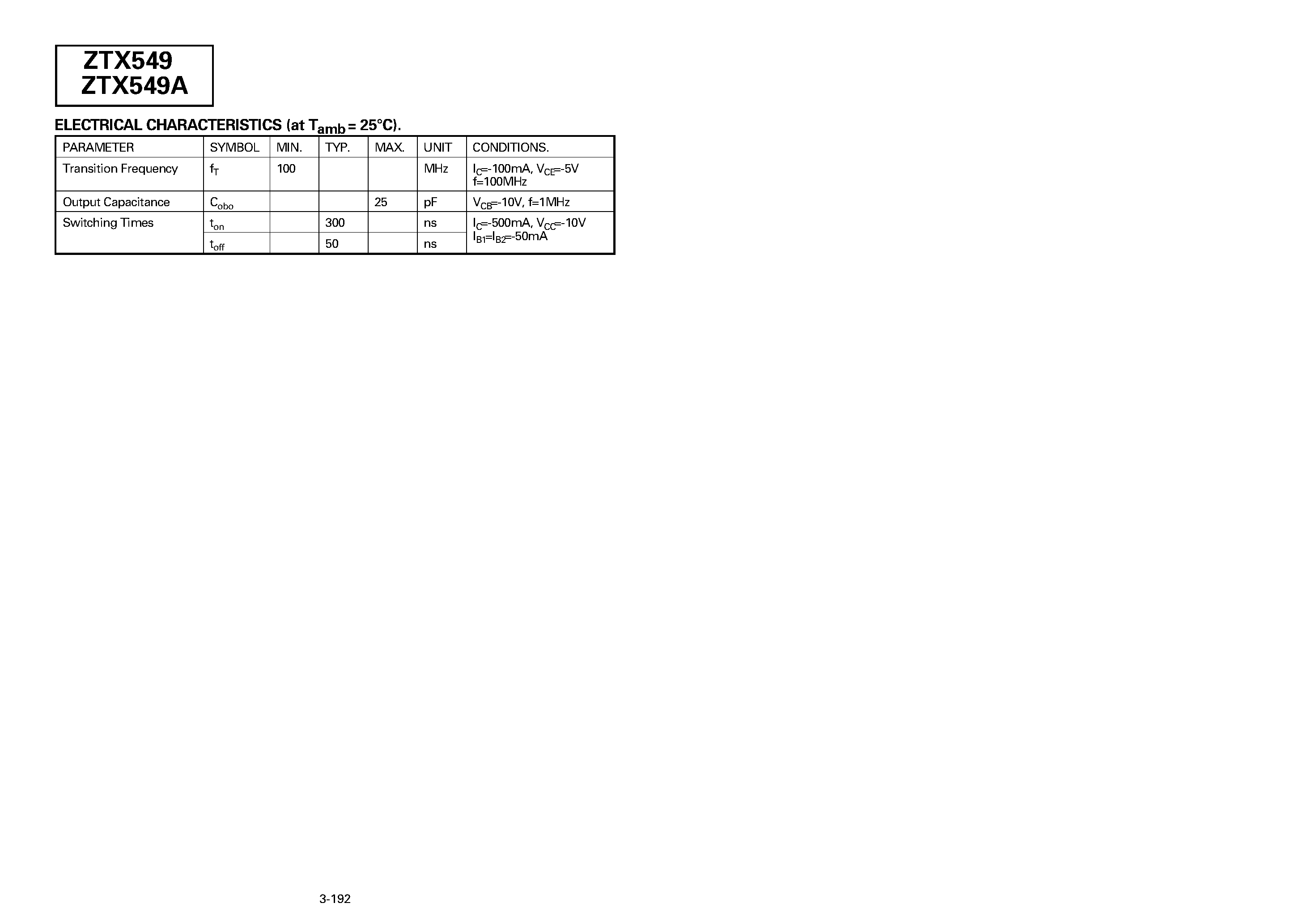 Datasheet ZTX549 page 2 Datasheet ZTX549 - PNP SILICON PLANAR MEDIUM POWER TRANSISTORS page 2
