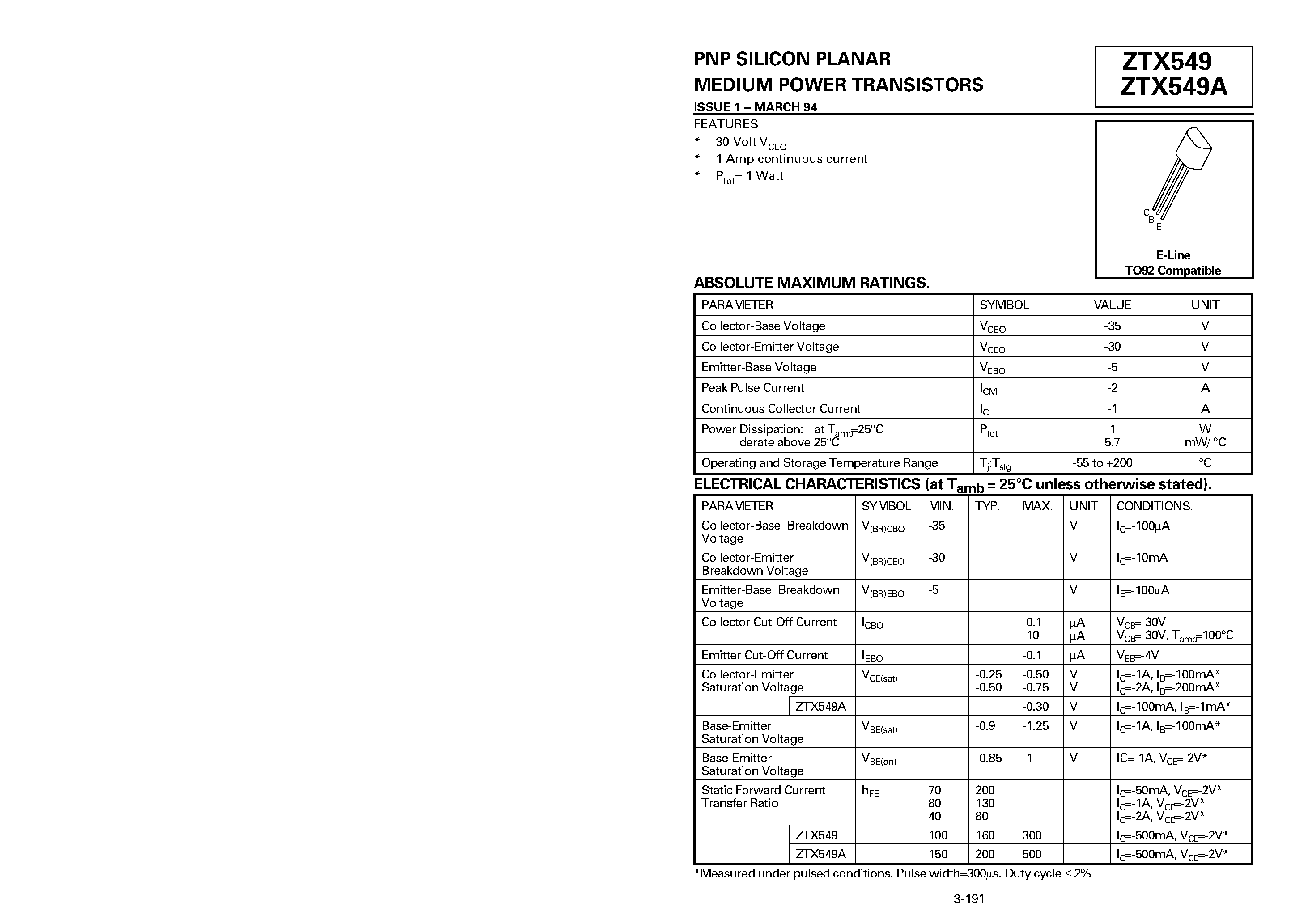 Datasheet ZTX549A page 1 Datasheet ZTX549A - PNP SILICON PLANAR MEDIUM POWER TRANSISTORS page 1