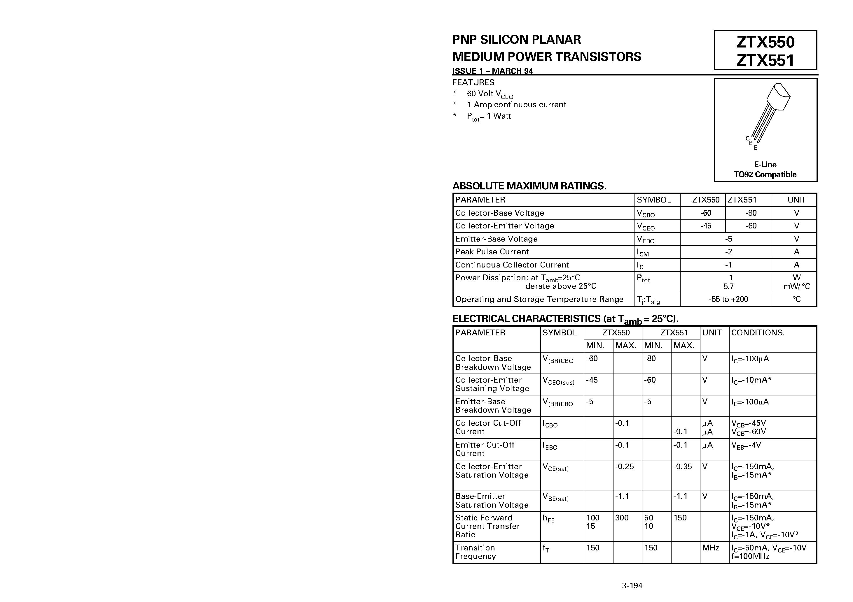 Datasheet ZTX551 page 1 Datasheet ZTX551 - PNP SILICON PLANAR MEDIUM POWER TRANSISTORS page 1