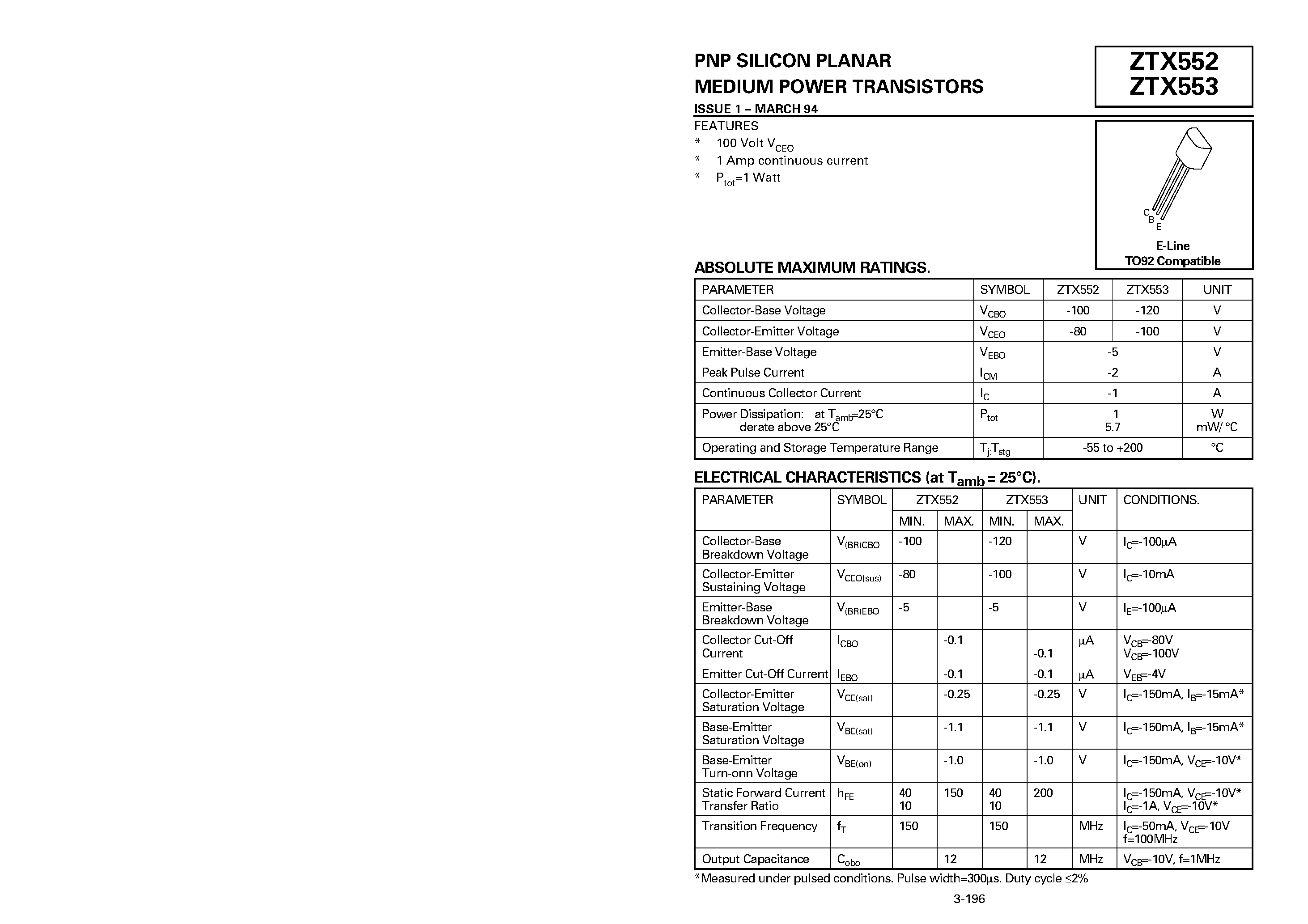 Datasheet ZTX553 page 1 Datasheet ZTX553 - PNP SILICON PLANAR MEDIUM POWER TRANSISTORS page 1