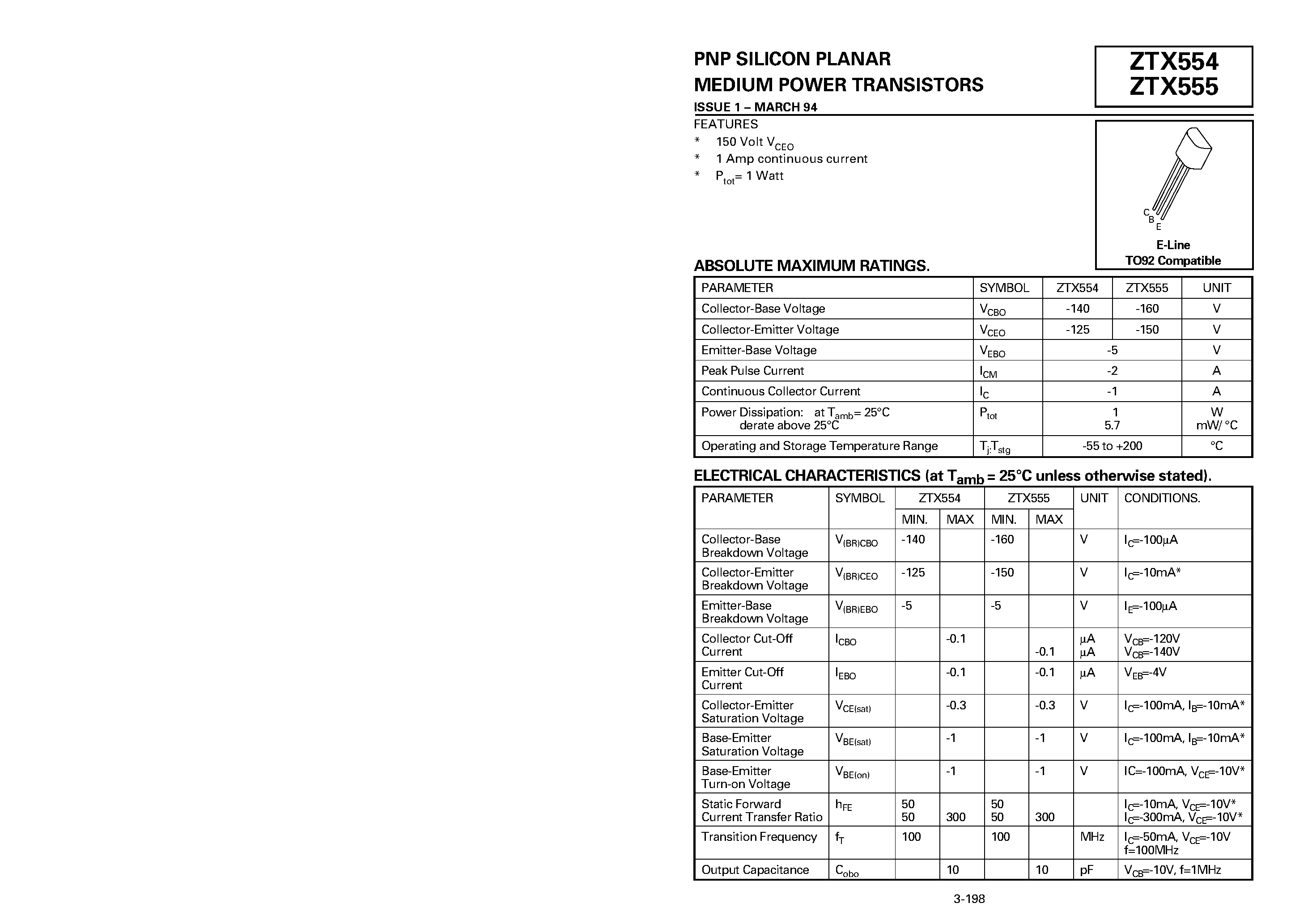 Datasheet ZTX555 page 1 Datasheet ZTX555 - PNP SILICON PLANAR MEDIUM POWER TRANSISTORS page 1