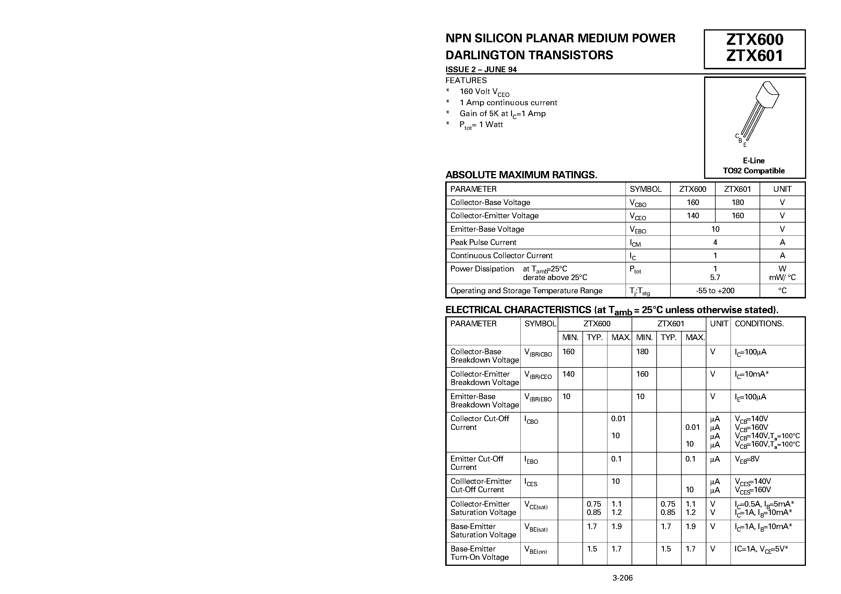 Datasheet ZTX600 page 1 Datasheet ZTX600 - NPN SILICON PLANAR MEDIUM POWER DARLINGTON TRANSISTORS page 1
