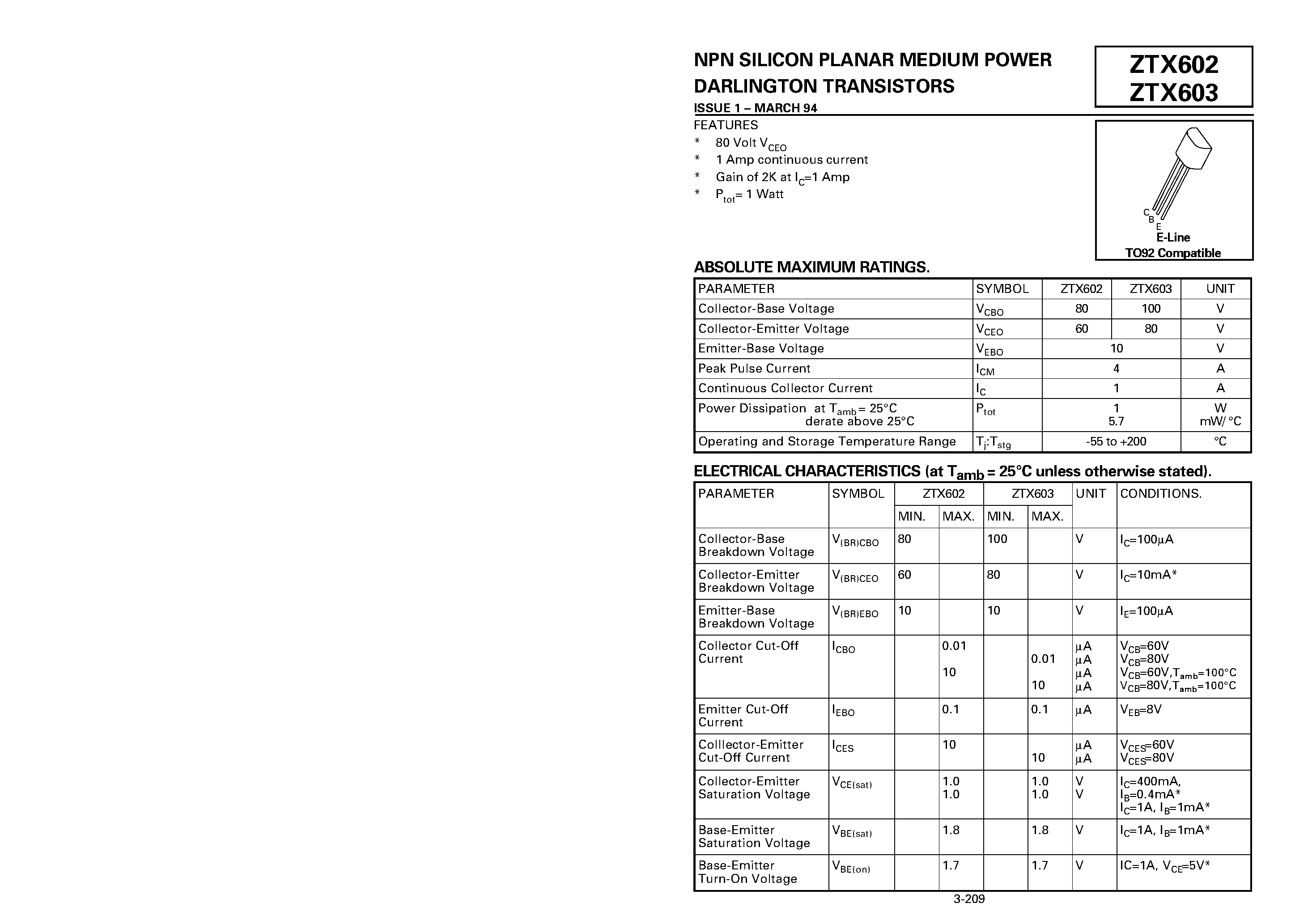 Datasheet ZTX603 page 1 Datasheet ZTX603 - NPN SILICON PLANAR MEDIUM POWER DARLINGTON TRANSISTORS page 1