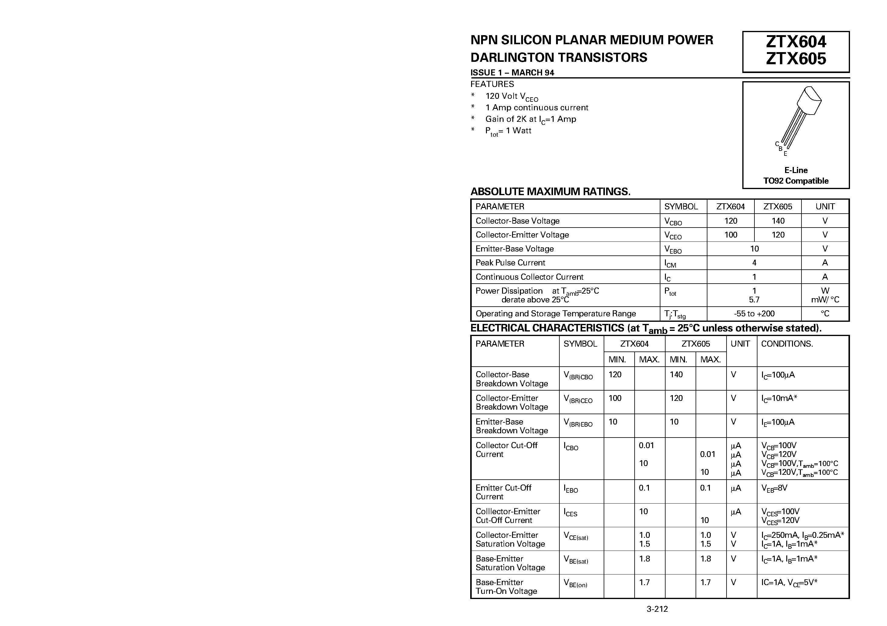 Datasheet ZTX605 page 1 Datasheet ZTX605 - NPN SILICON PLANAR MEDIUM POWER(DARLINGTON TRANSISTORS) page 1