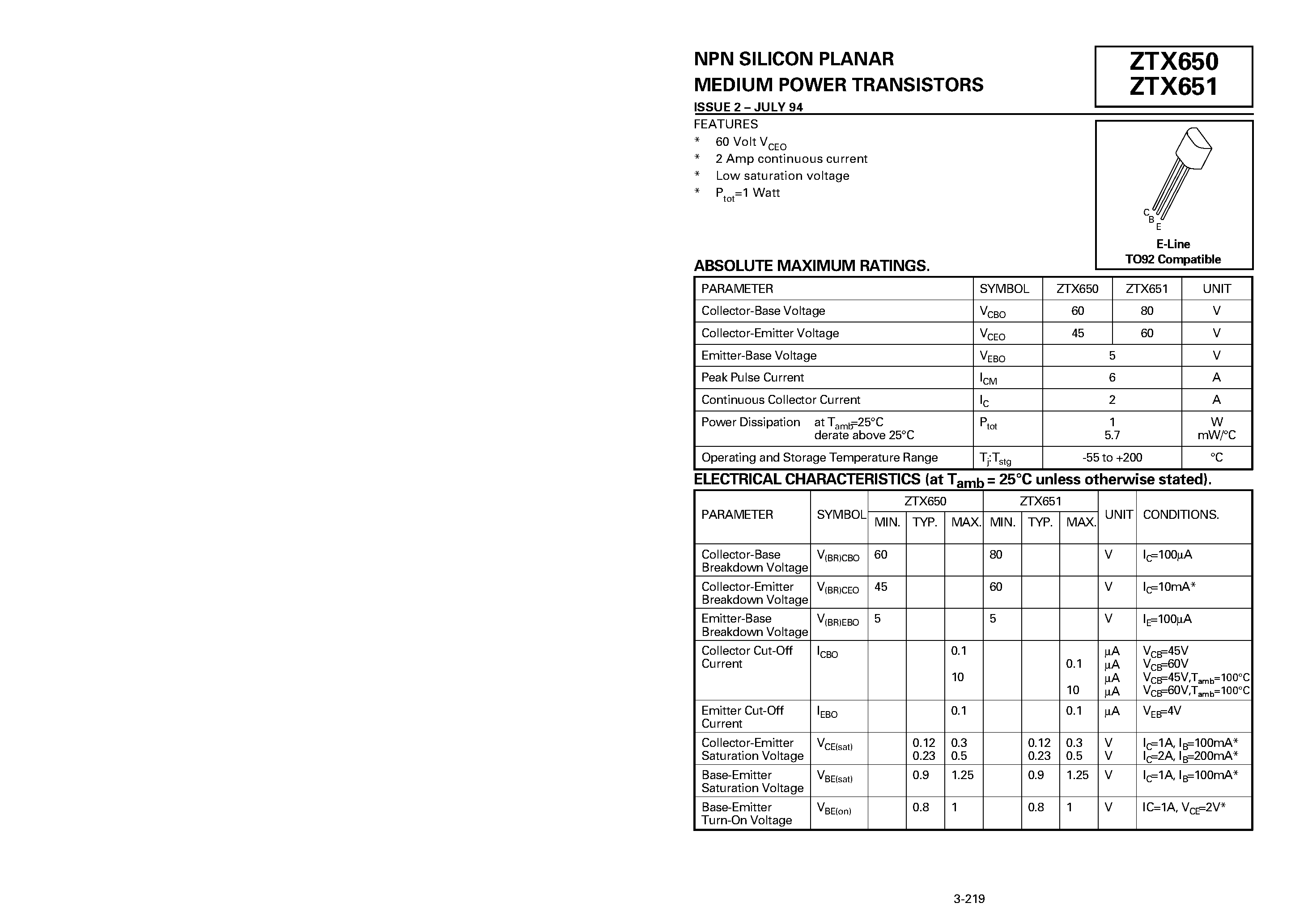 Datasheet ZTX650 page 1 Datasheet ZTX650 - NPN SILICON PLANAR MEDIUM POWER TRANSISTORS page 1