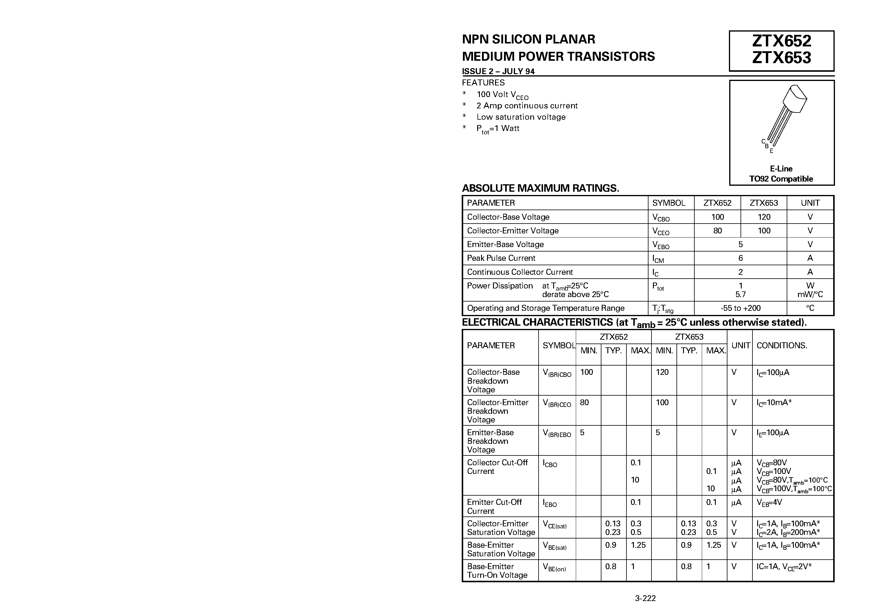 Datasheet ZTX652 page 1 Datasheet ZTX652 - NPN SILICON PLANAR(MEDIUM POWER TRANSISTORS) page 1