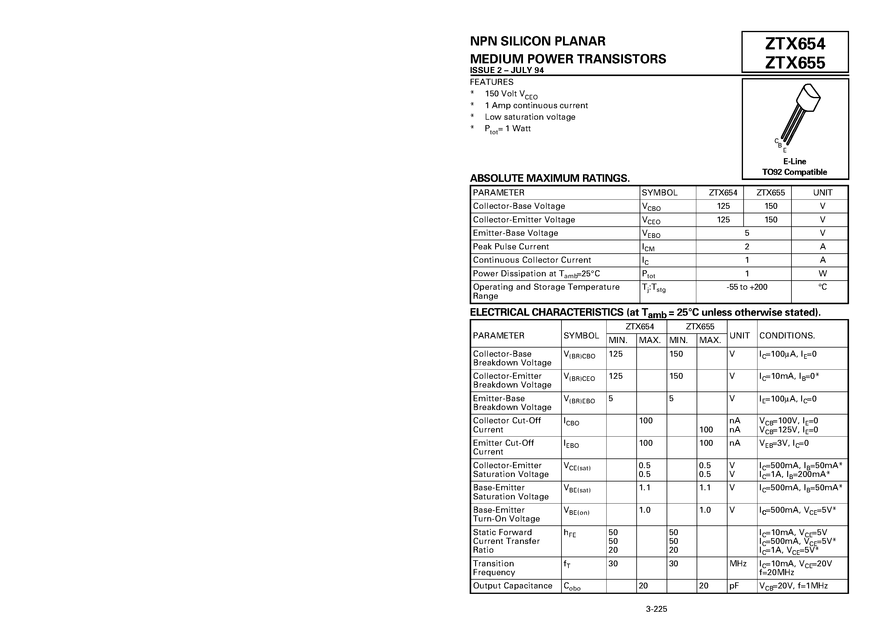 Datasheet ZTX654 page 1 Datasheet ZTX654 - NPN SILICON PLANAR MEDIUM POWER TRANSISTORS page 1