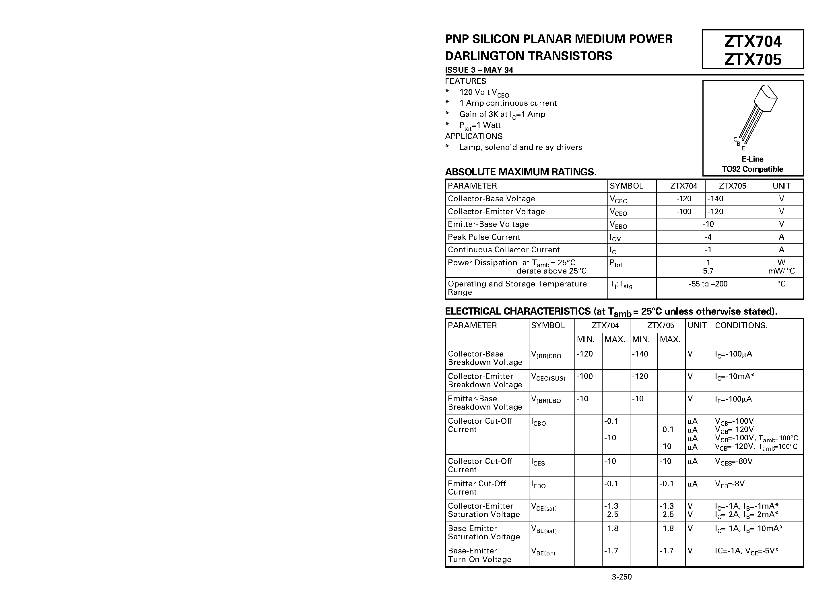 Datasheet ZTX704 - PNP SILICON PLANAR MEDIUM POWER DARLINGTON TRANSISTORS page 1