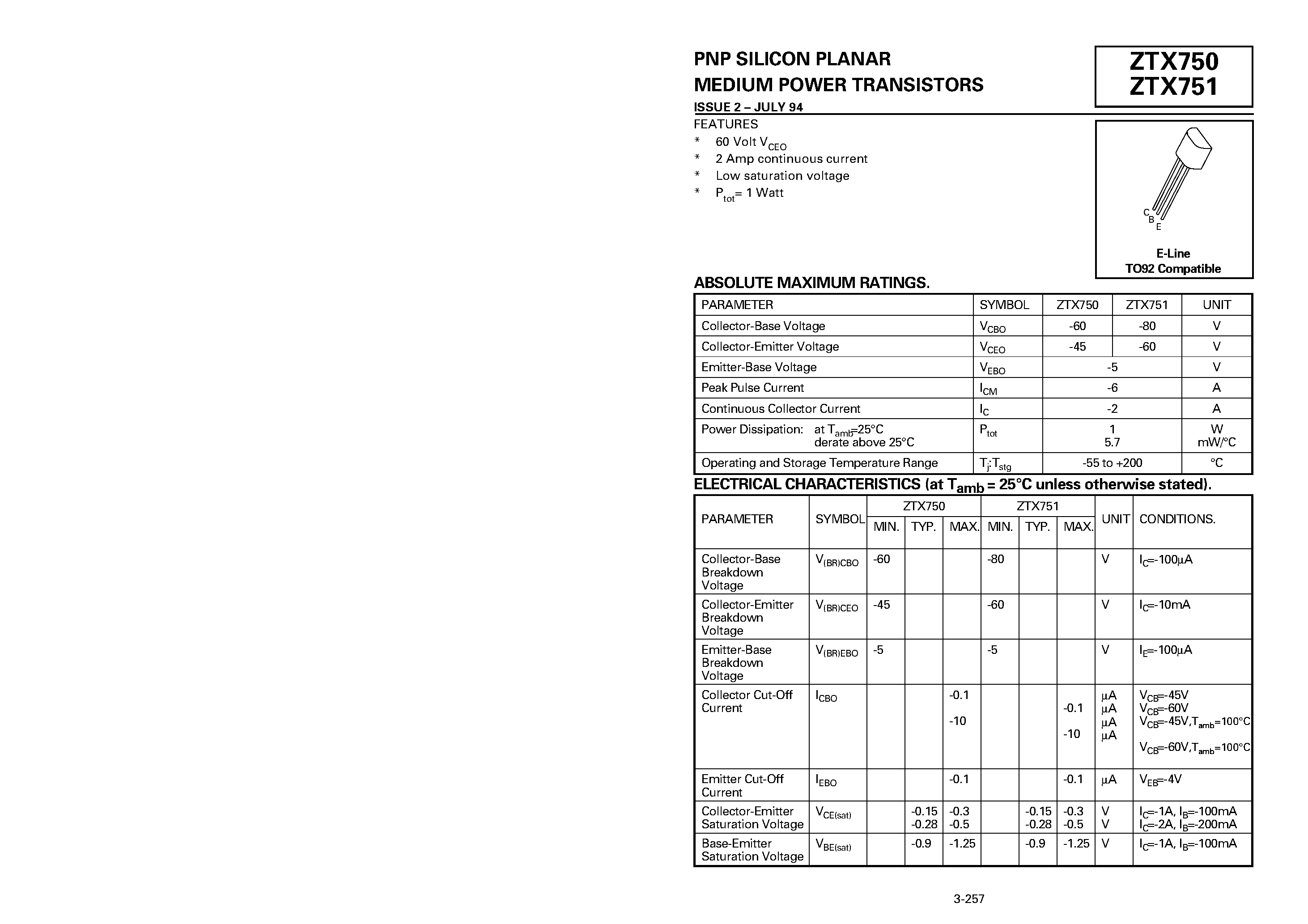 Datasheet ZTX750 - PNP SILICON PLANAR MEDIUM POWER TRANSISTORS page 1