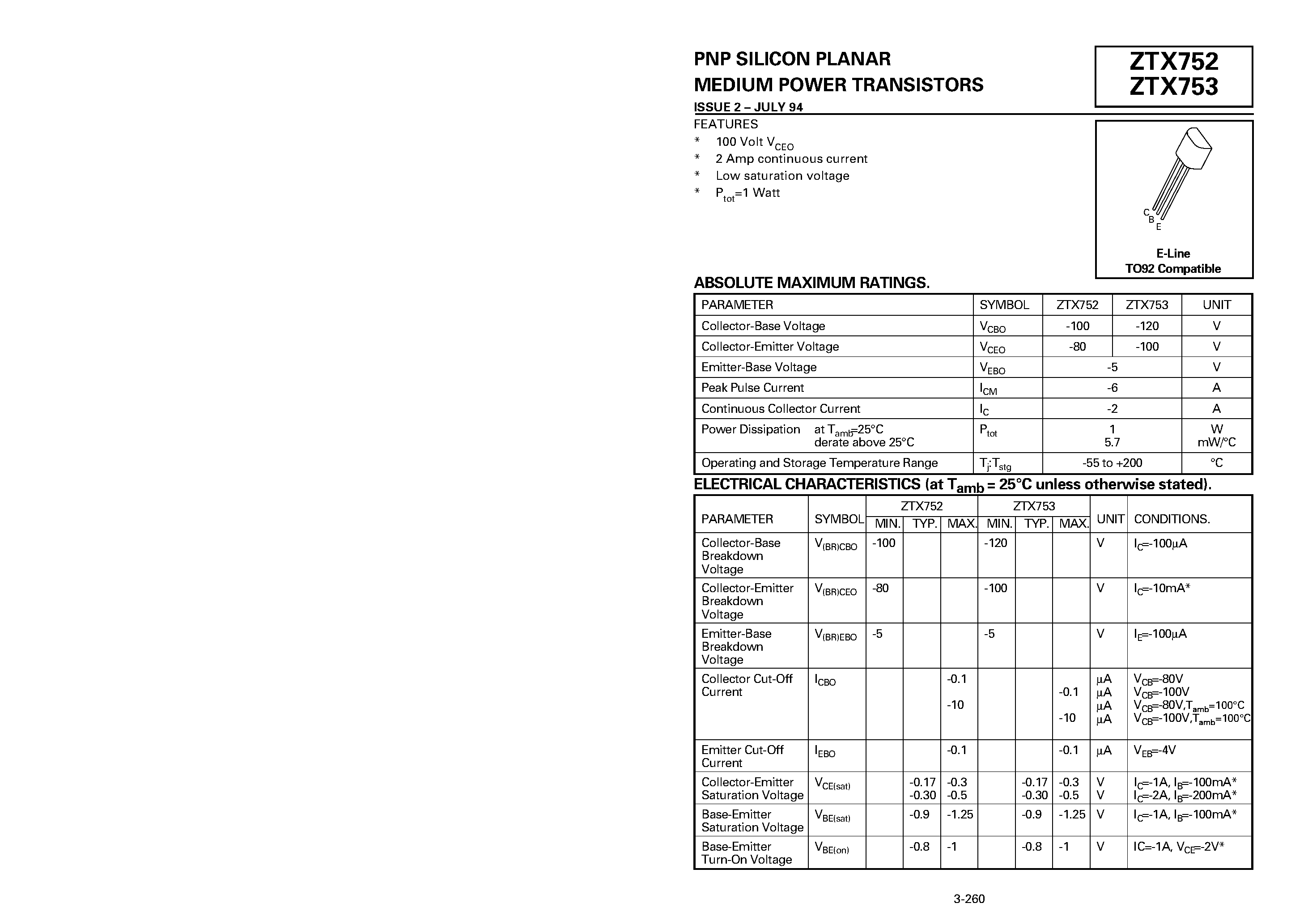 Datasheet ZTX753 - PNP SILICON PLANAR MEDIUM POWER TRANSISTORS page 1