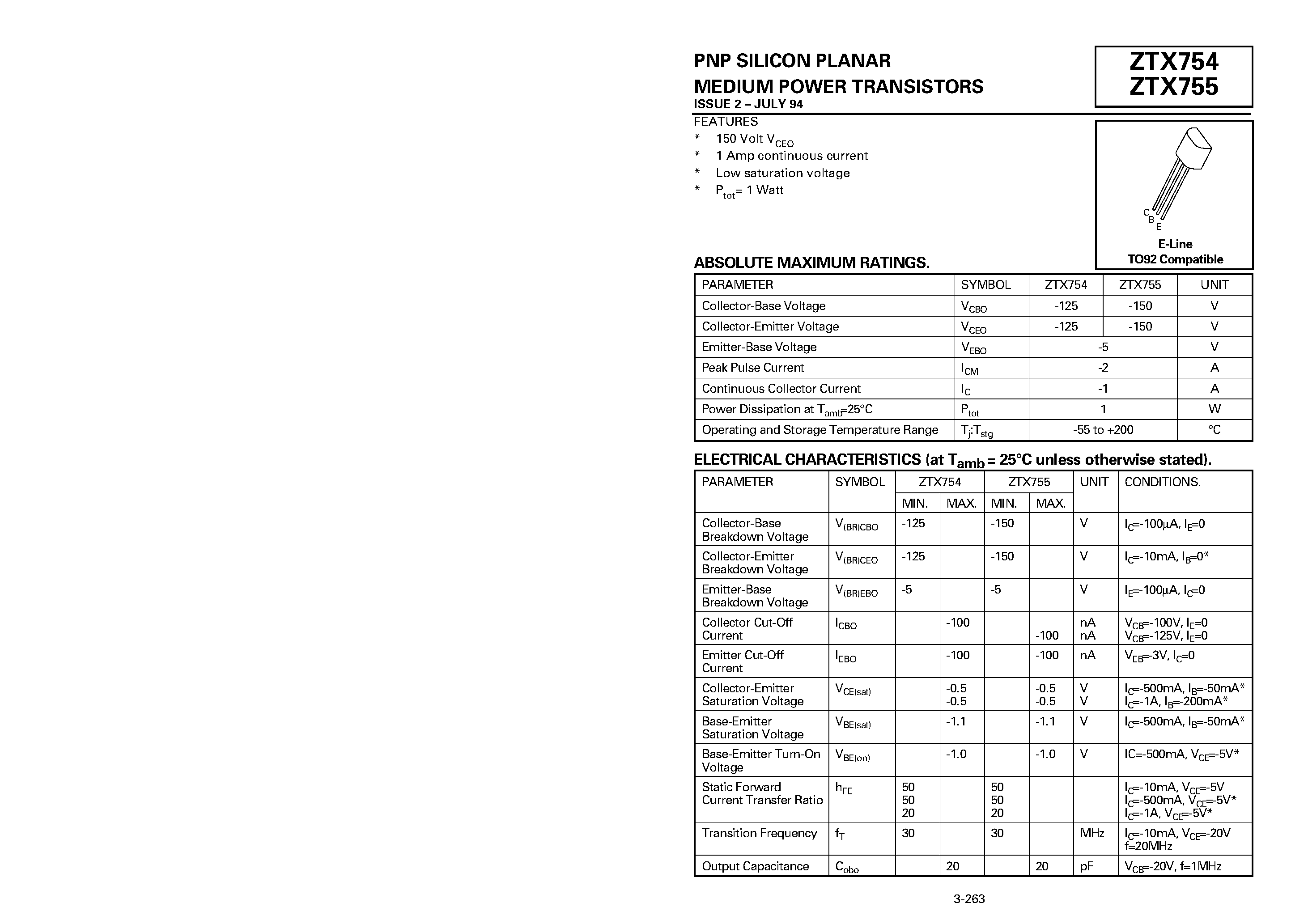 Datasheet ZTX755 - PNP SILICON PLANAR MEDIUM POWER TRANSISTORS page 1